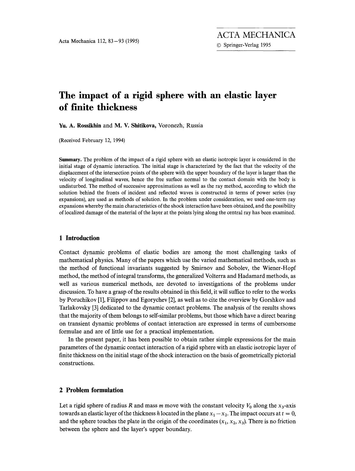 The impact of a rigid sphere with an elastic layer of finite thickness by Unknown