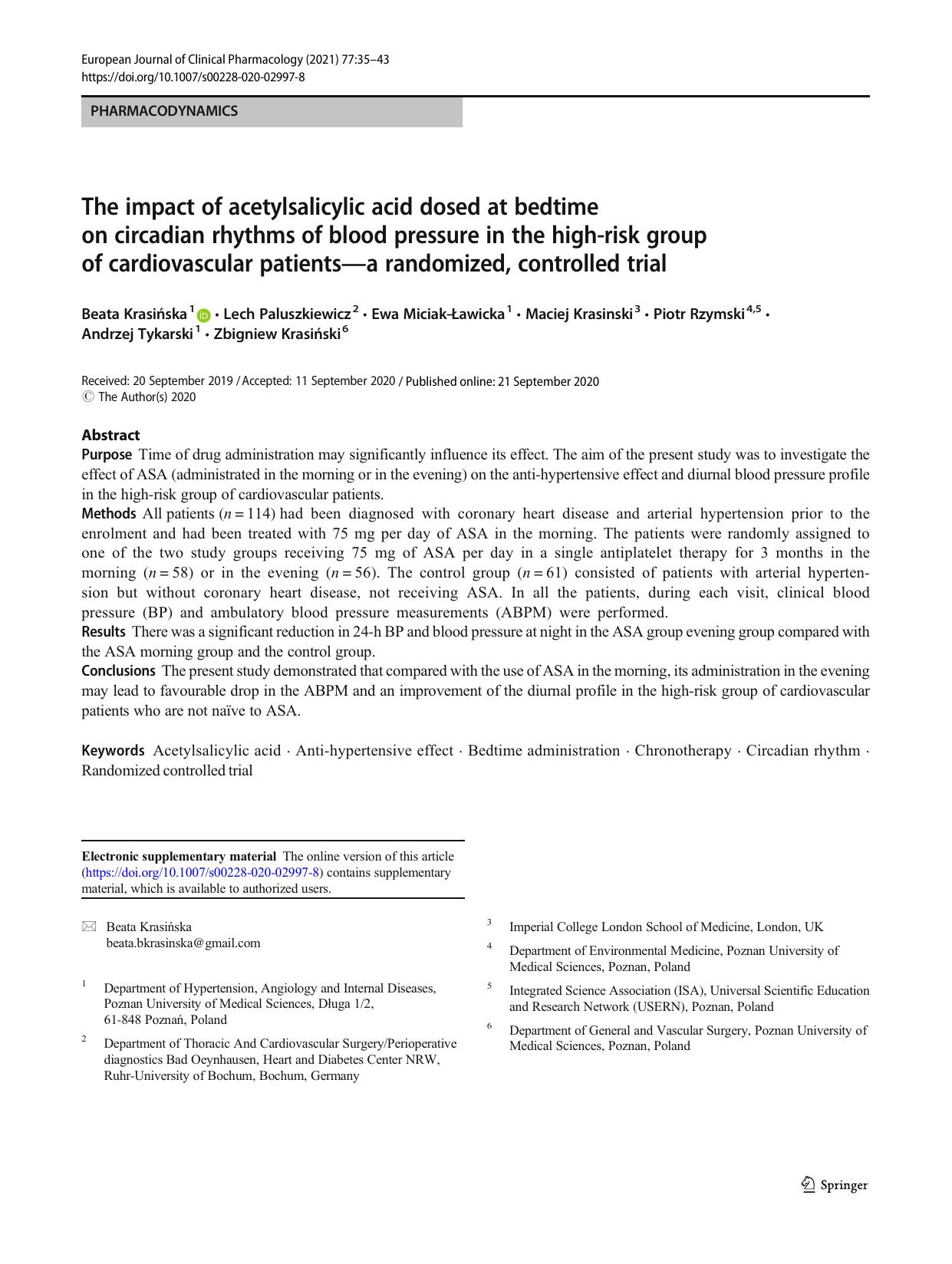 The impact of acetylsalicylic acid dosed at bedtime on circadian rhythms of blood pressure in the high-risk group of cardiovascular patientsâa randomized, controlled trial by unknow