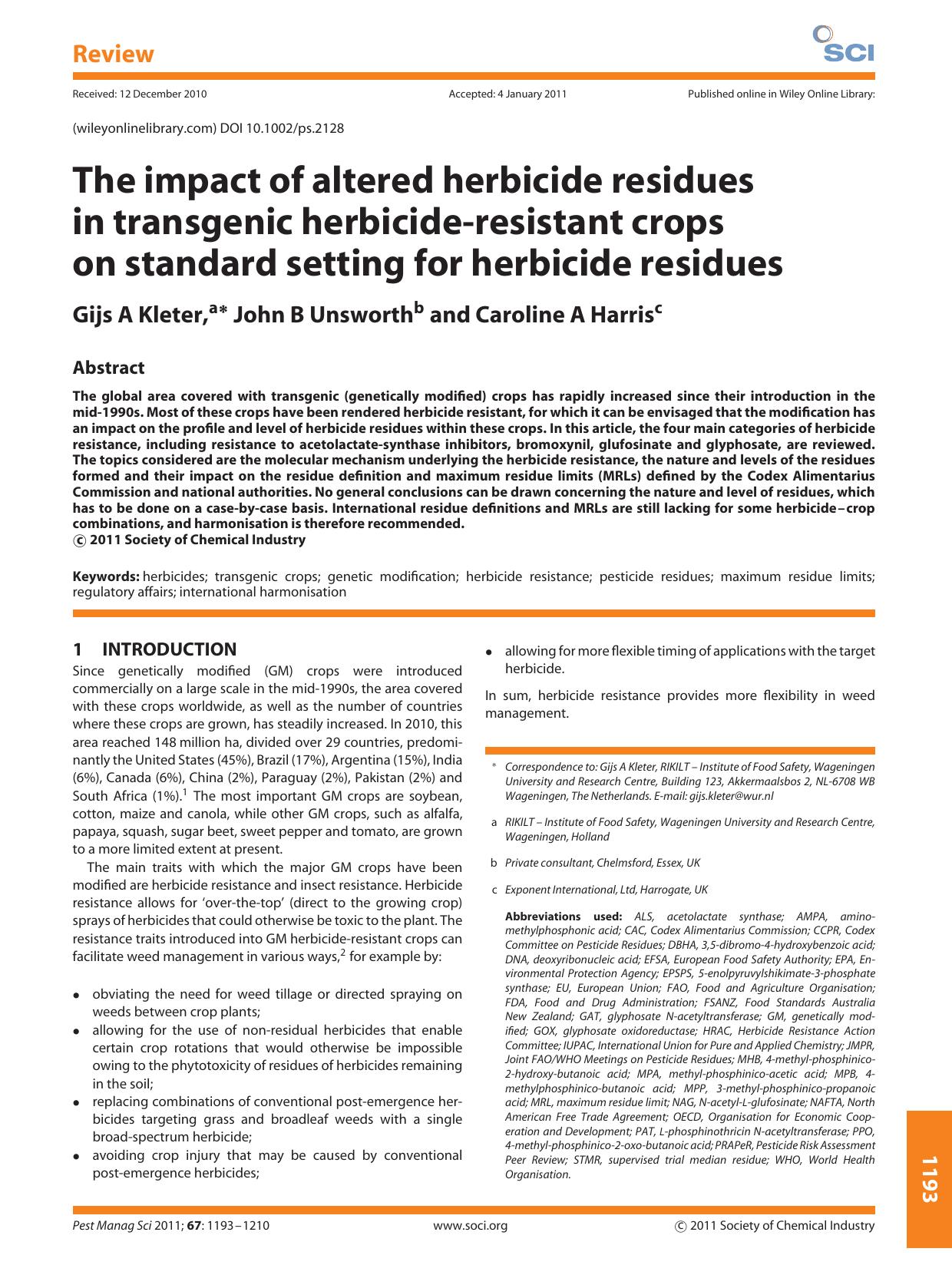 The impact of altered herbicide residues in transgenic herbicideresistant crops on standard setting for herbicide residues by Unknown