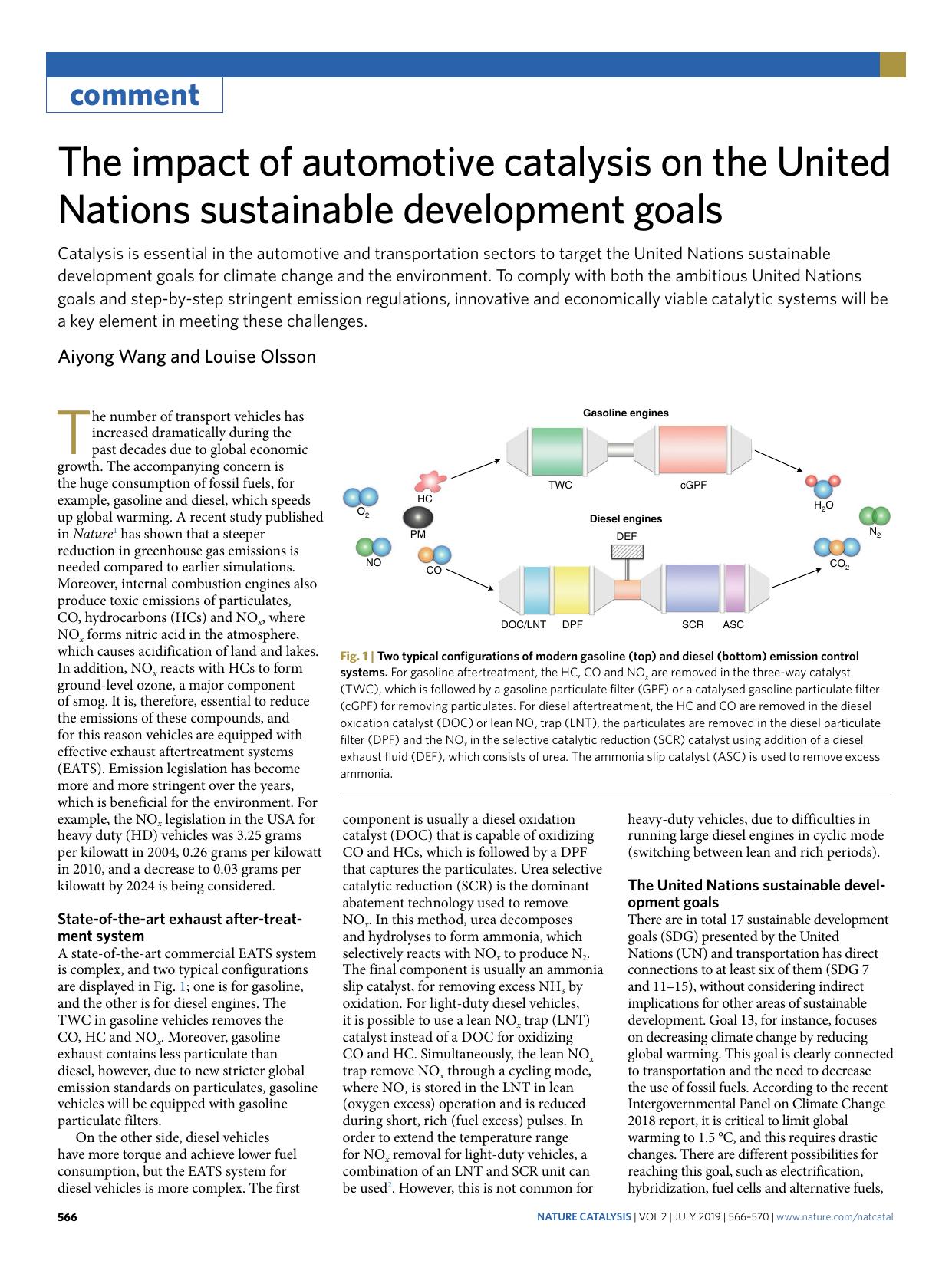 The impact of automotive catalysis on the United Nations sustainable development goals by Aiyong Wang & Louise Olsson