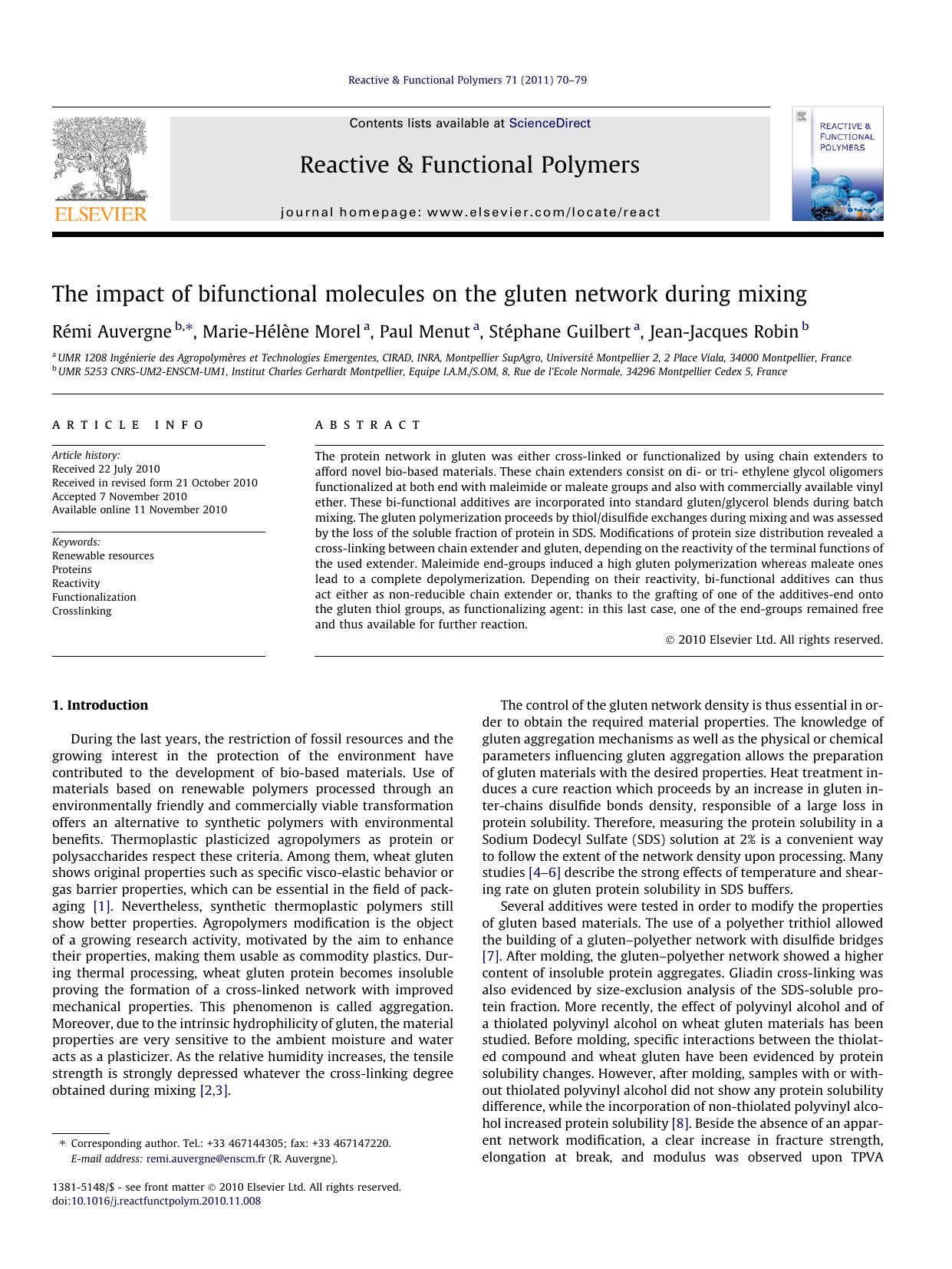 The impact of bifunctional molecules on the gluten network during mixing by RÃ©mi Auvergne & Marie-Hélène Morel & Paul Menut & Stéphane Guilbert & Jean-Jacques Robin