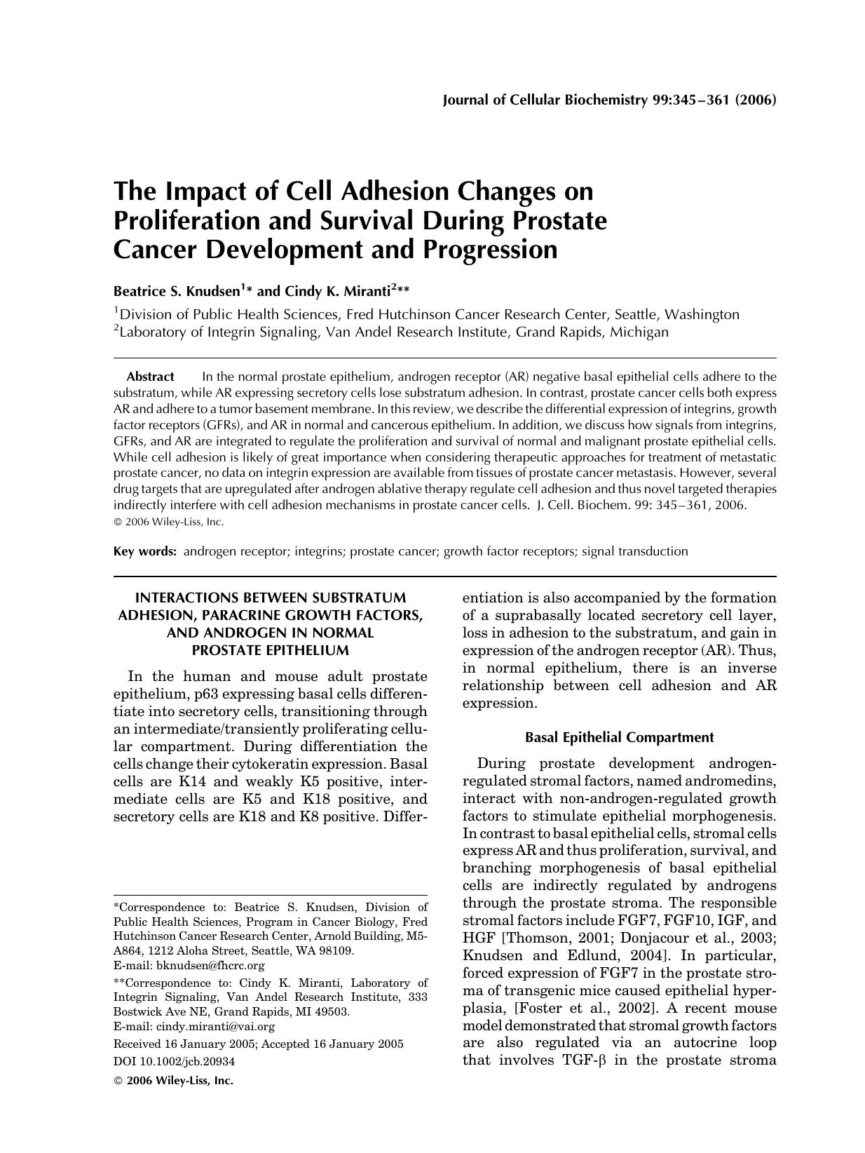 The impact of cell adhesion changes on proliferation and survival during prostate cancer development and progression by Unknown