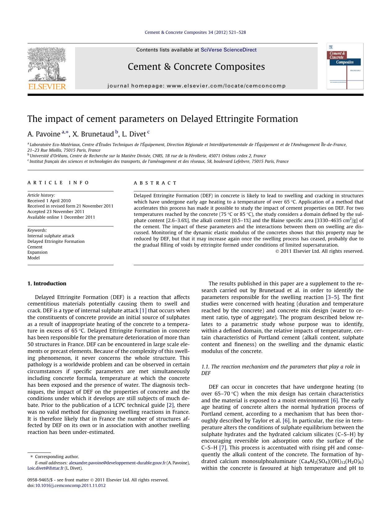 The impact of cement parameters on Delayed Ettringite Formation by A. Pavoine & X. Brunetaud & L. Divet