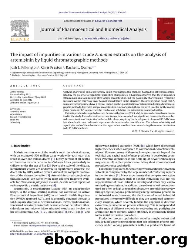 The impact of impurities in various crude A. annua extracts on the analysis of artemisinin by liquid chromatographic methods by Josh L. Pilkington