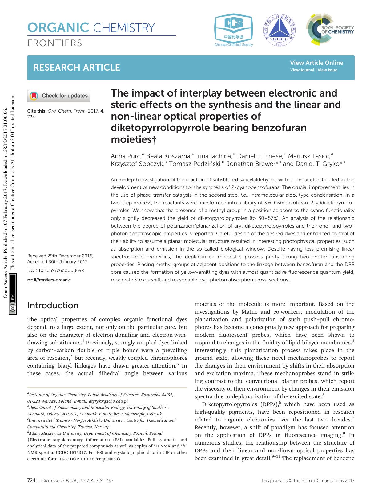 The impact of interplay between electronic and steric effects on the synthesis and the linear and non-linear optical properties of diketopyrrolopyrrole bearing benzofuran moieties by unknow