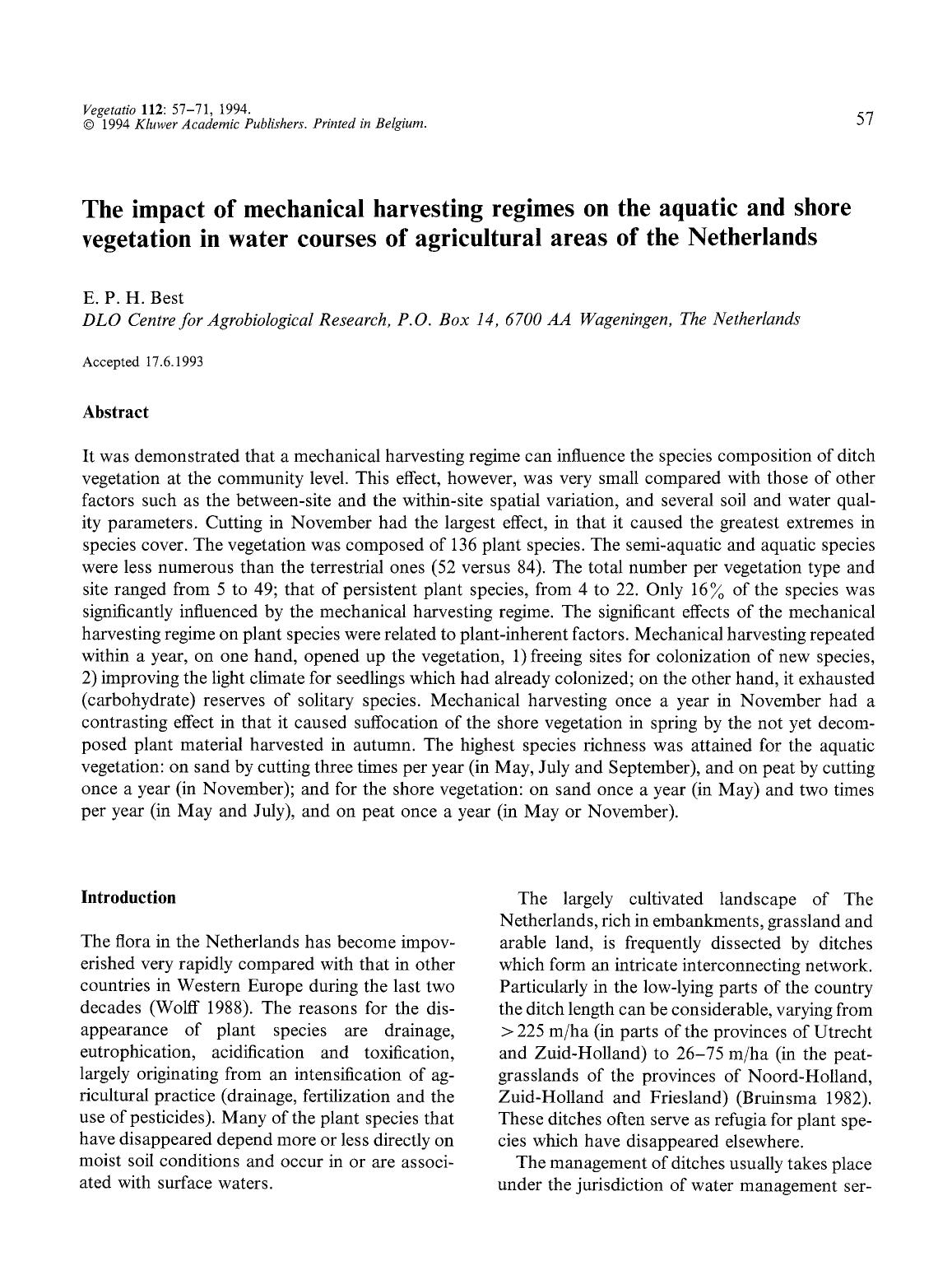 The impact of mechanical harvesting regimes on the aquatic and shore vegetation in water courses of agricultural areas of the Netherlands by Unknown