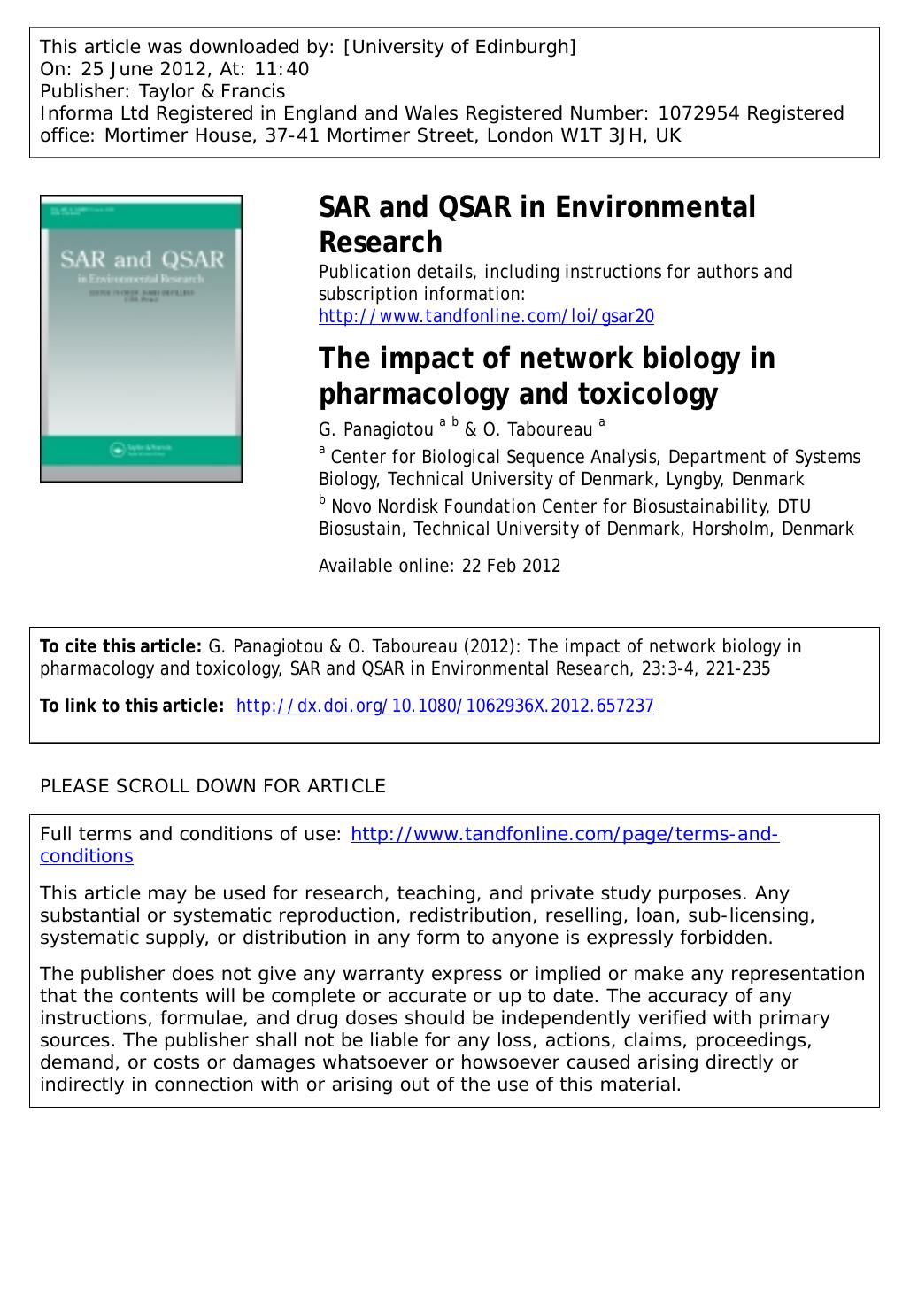 The impact of network biology in pharmacology and toxicology by G. Panagiotou a b * otab@cbs.dtu.dk & O. Taboureau a