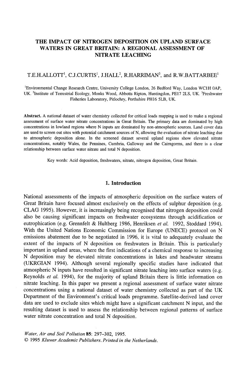 The impact of nitrogen deposition on upland surface waters in Great Britain: A regional assessment of nitrate leaching by Unknown