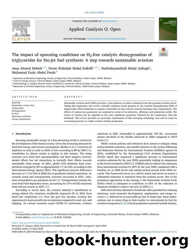 The impact of operating conditions on H2-free catalytic deoxygenation of triglycerides for bio-jet fuel synthesis: A step towards sustainable aviation by unknow