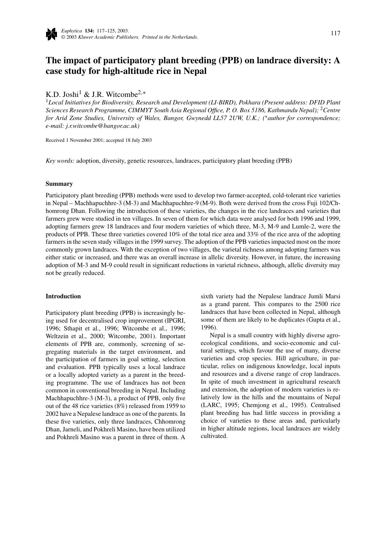 The impact of participatory plant breeding (PPB) on landrace diversity: A case study for high-altitude rice in Nepal by Unknown