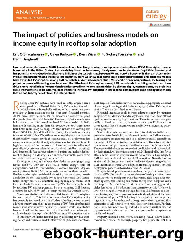 The impact of policies and business models on income equity in rooftop solar adoption by Eric O’Shaughnessy & Galen Barbose & Ryan Wiser & Sydney Forrester & Naïm Darghouth