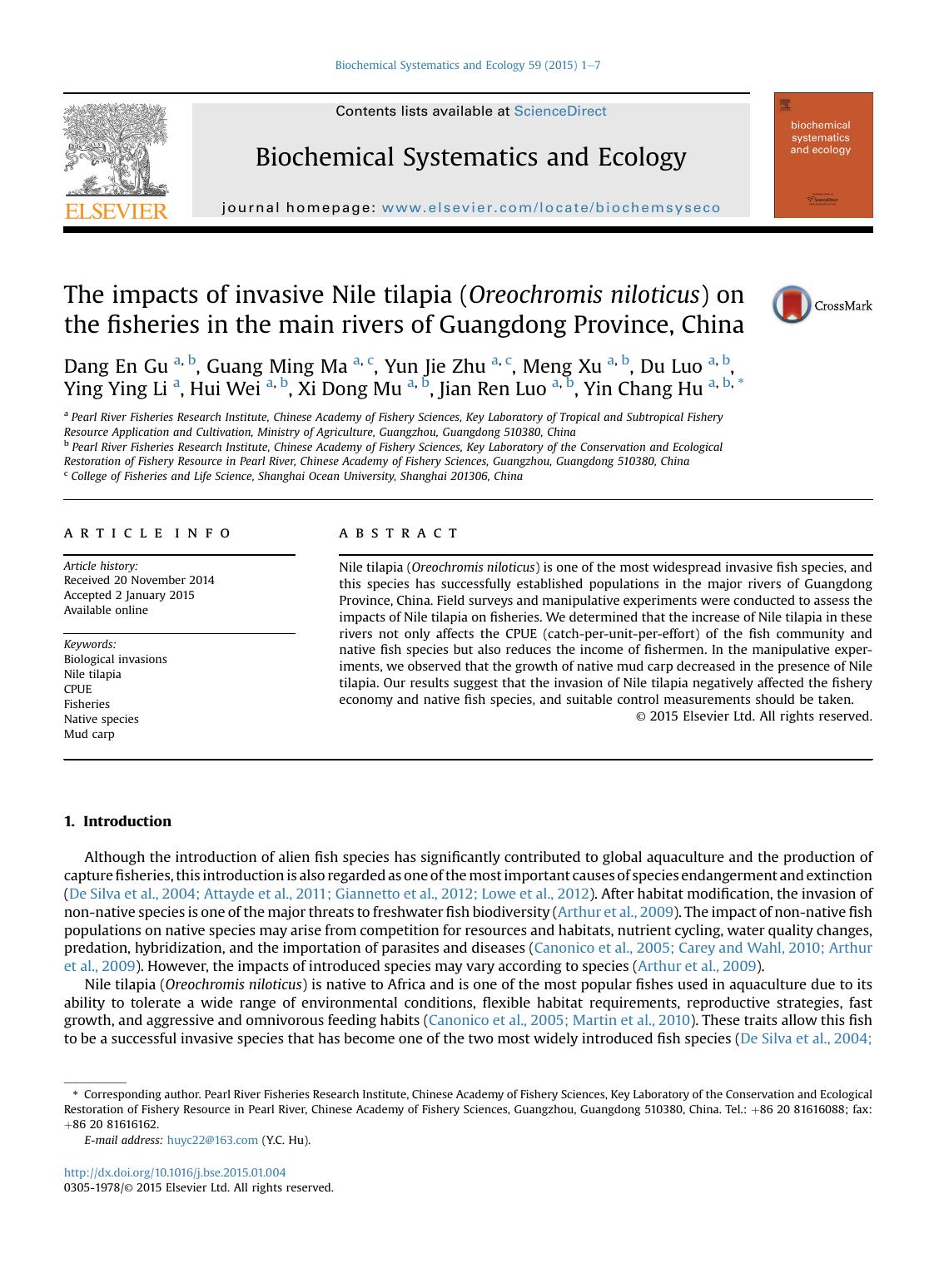 The impacts of invasive Nile tilapia (Oreochromis niloticus) on the fisheries in the main rivers of Guangdong Province, China by unknow
