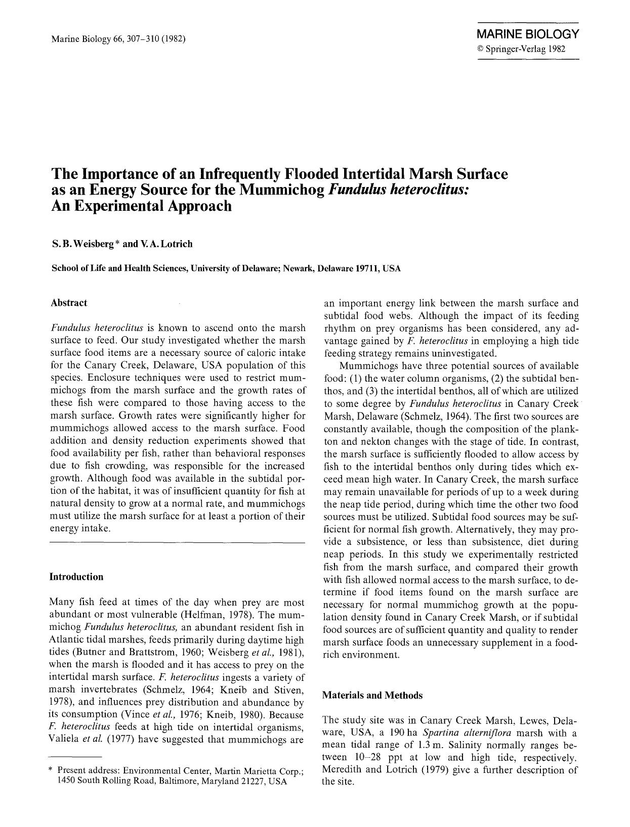 The importance of an infrequently flooded intertidal marsh surface as an energy source for the mummichog <Emphasis Type="Italic">Fundulus heteroclitus<Emphasis>: An experimental approach by Unknown