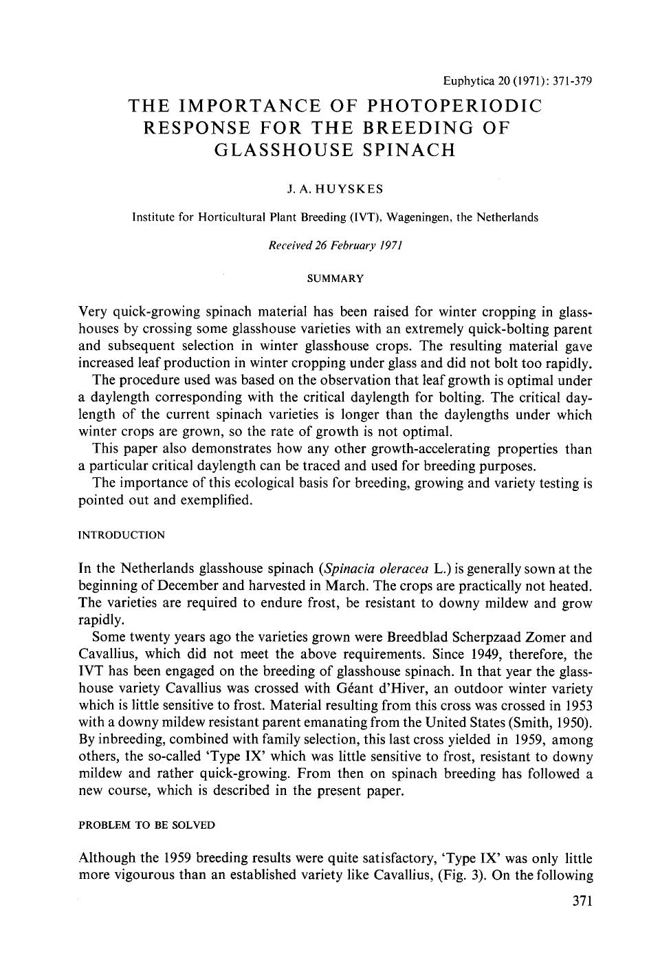 The importance of photoperiodic response for the breeding of glasshouse spinach by Unknown