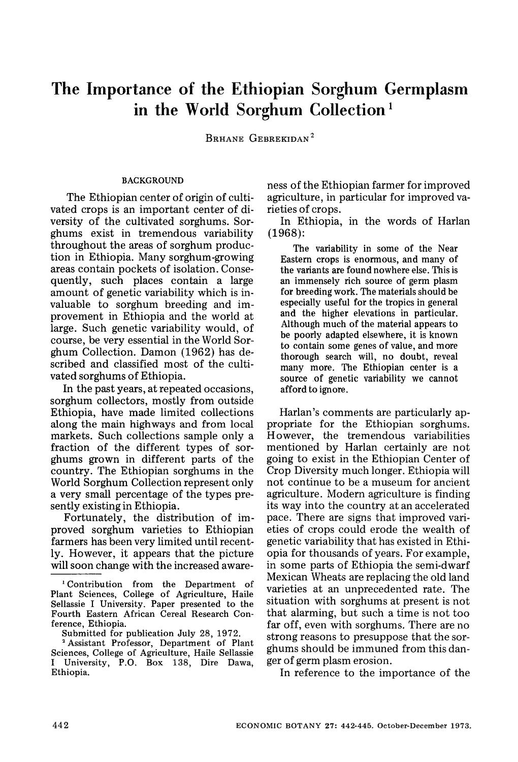 The importance of the Ethiopian sorghum germplasm in the world sorghum collection by Unknown