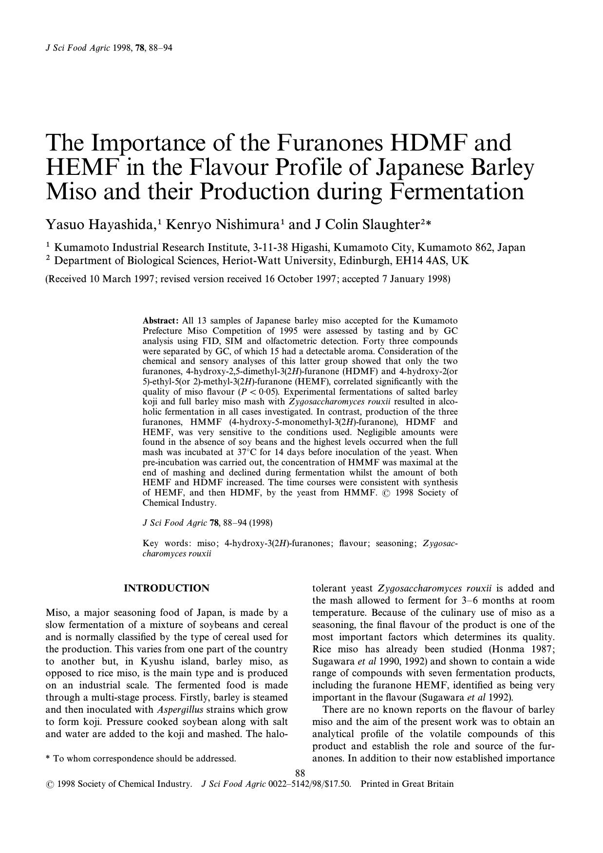 The importance of the furanones HDMF and HEMF in the flavour profile of Japanese barley miso and their production during fermentation by Hayashida Nishimura Slaughter