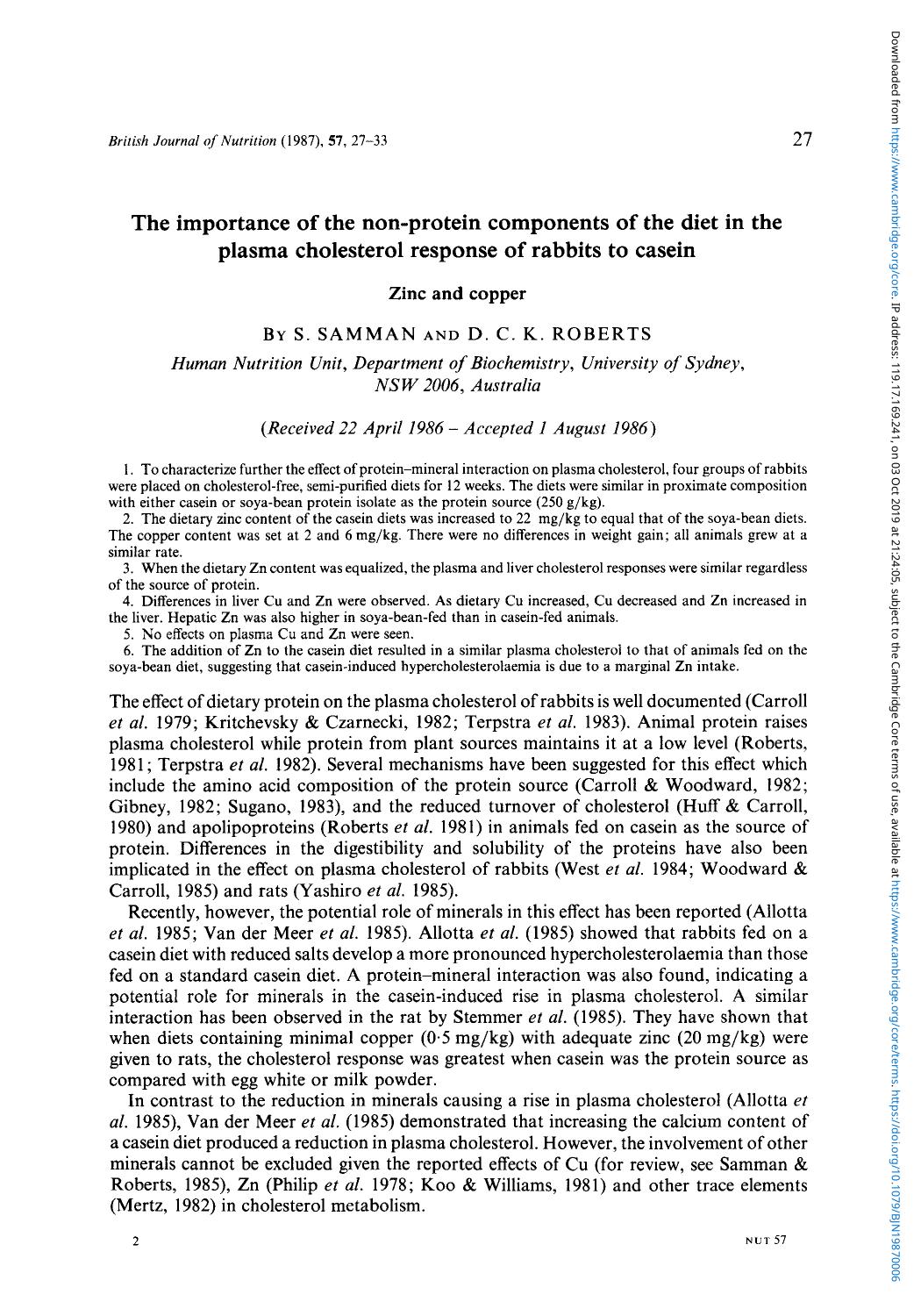 The importance of the non-protein components of the diet in the plasma cholesterol response of rabbits to casein by S. Samman D. C. K. Roberts