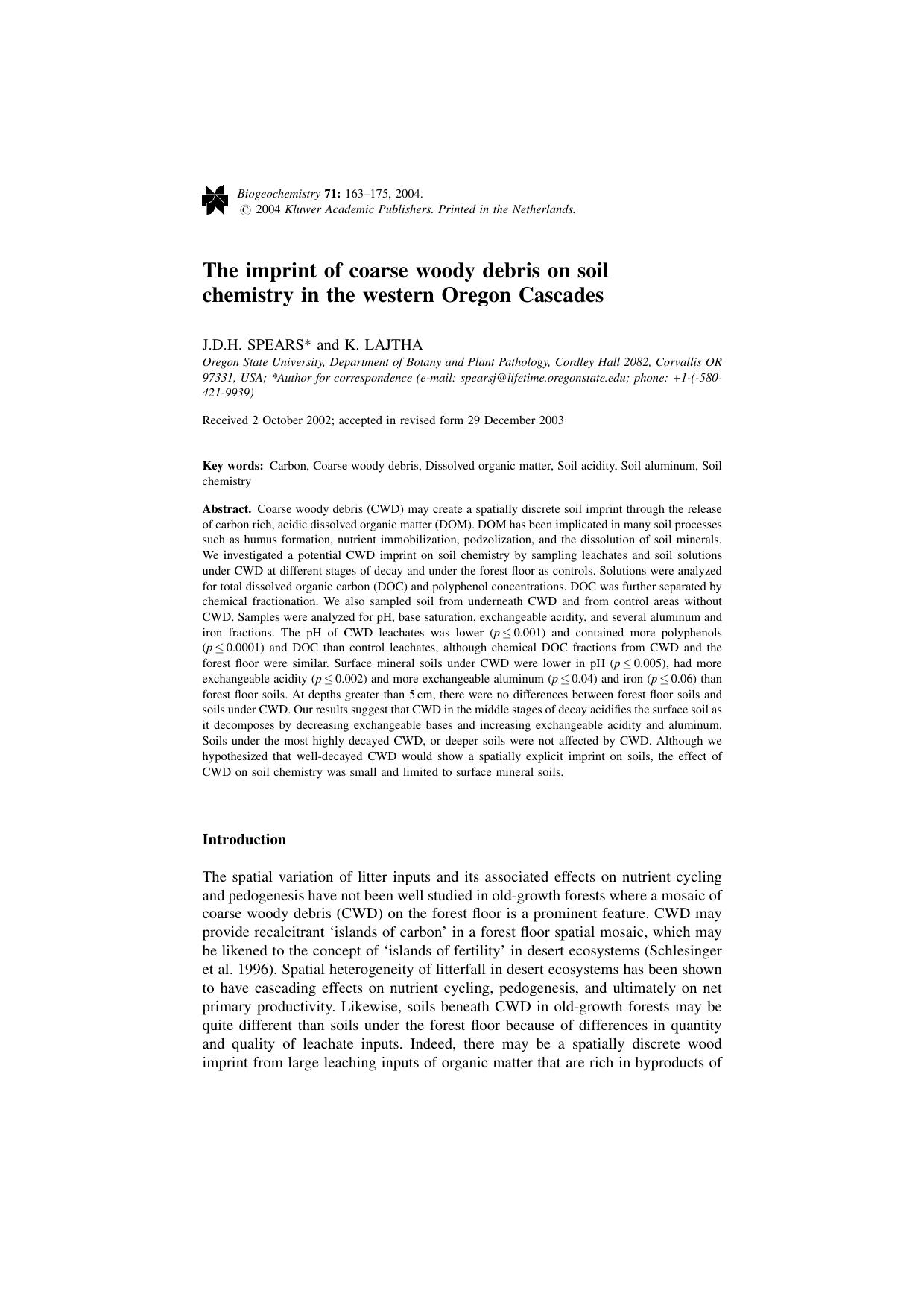 The imprint of coarse woody debris on soil chemistry in the western Oregon Cascades by Unknown