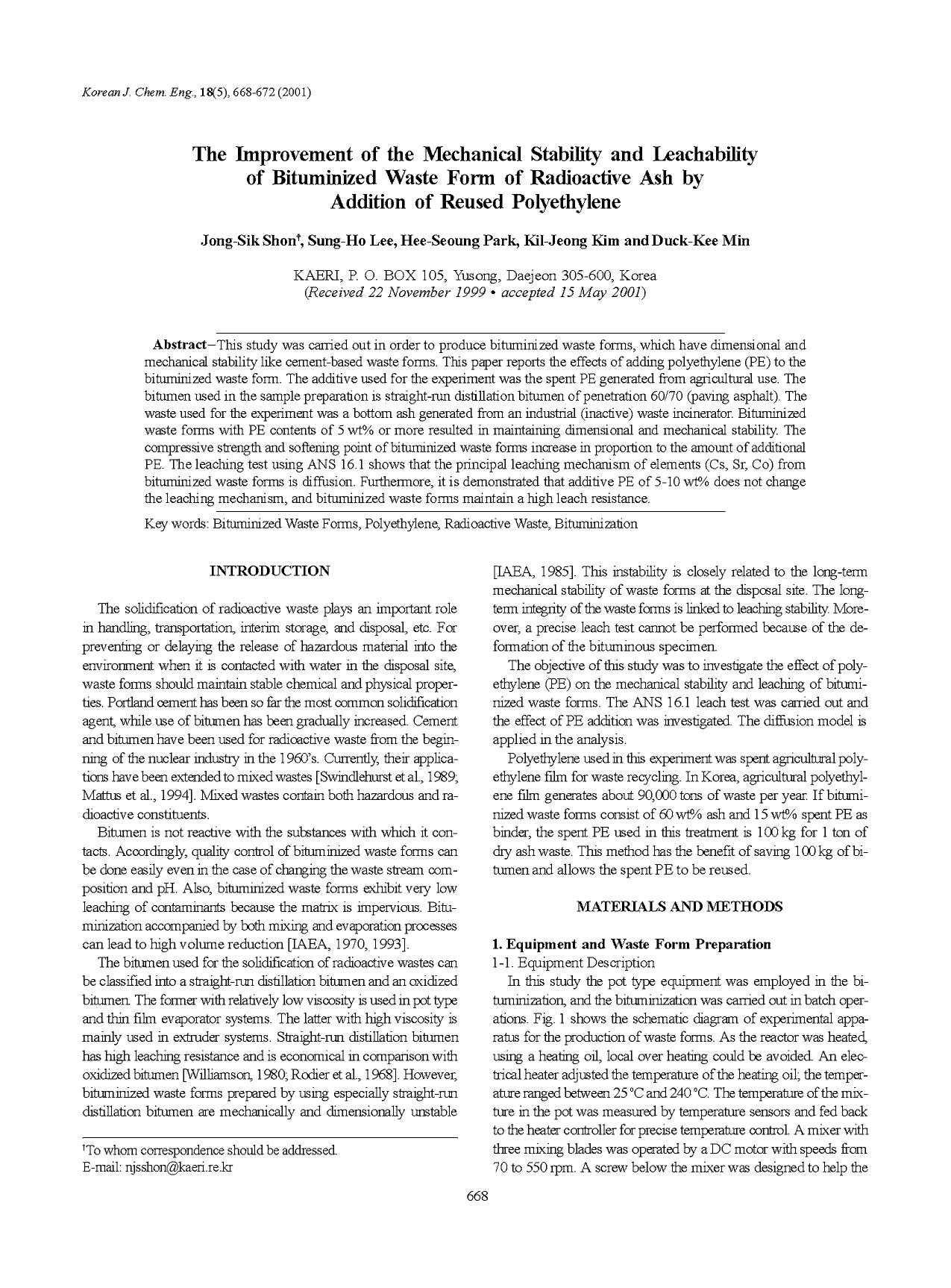 The improvement of the mechanical stability and leachability of bituminized waste form of radioactive ash by addition of reused polyethylene by Unknown