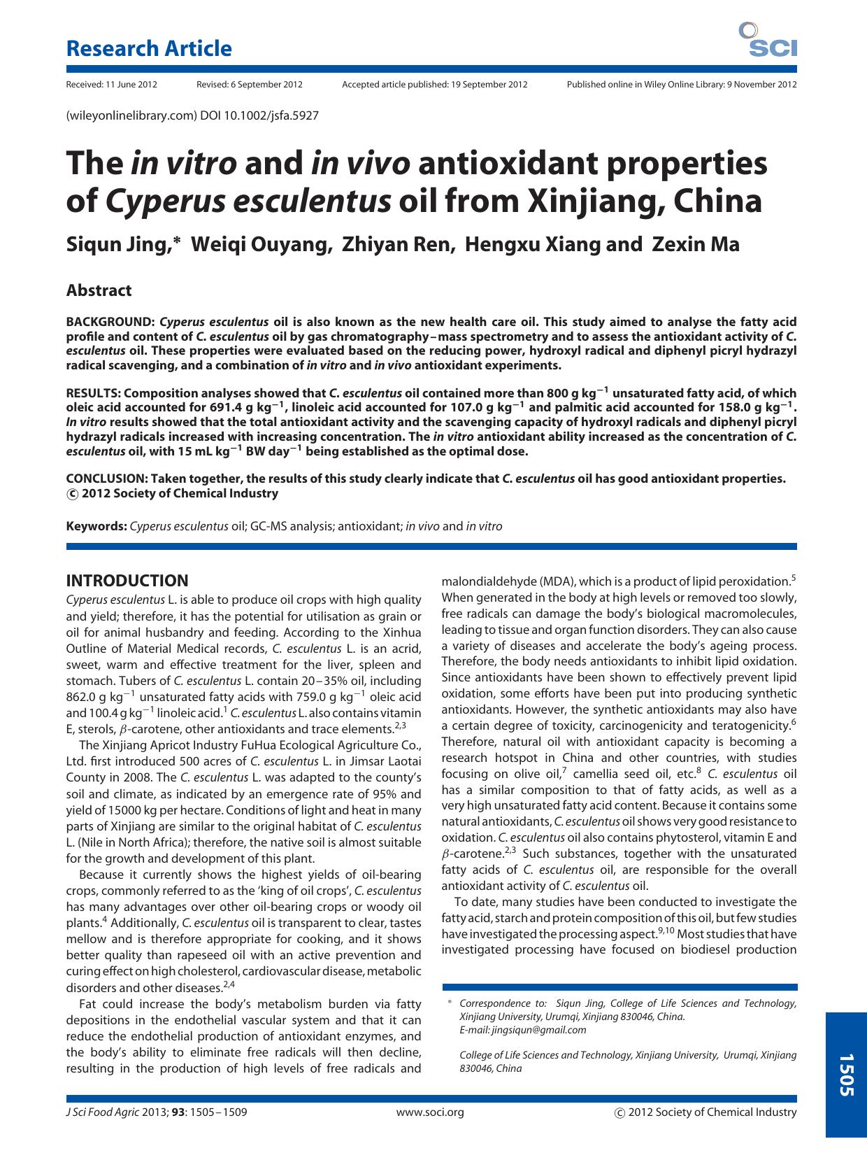 The in vitro and in vivo antioxidant properties of Cyperus esculentus oil from Xinjiang, China by Unknown