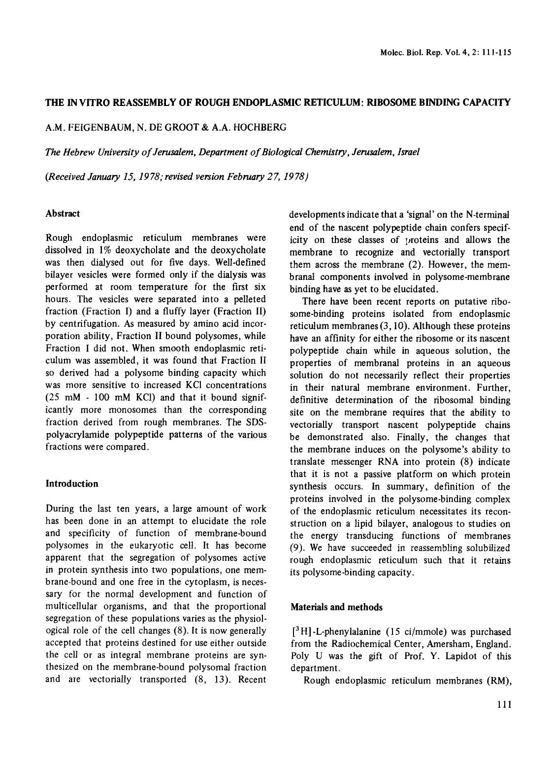 The in vitro reassembly of rough endoplasmic reticulum: Ribosome binding capacity by Unknown