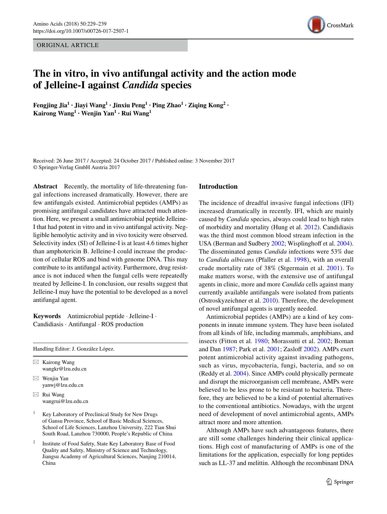 The in vitro, in vivo antifungal activity and the action mode of Jelleine-I against Candida species by unknow