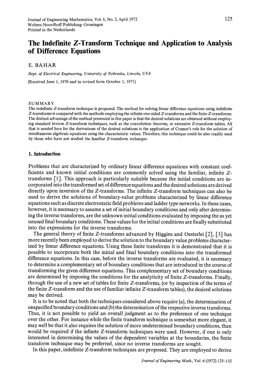 The indefinite Z-transform technique and application to analysis of difference equations by Unknown
