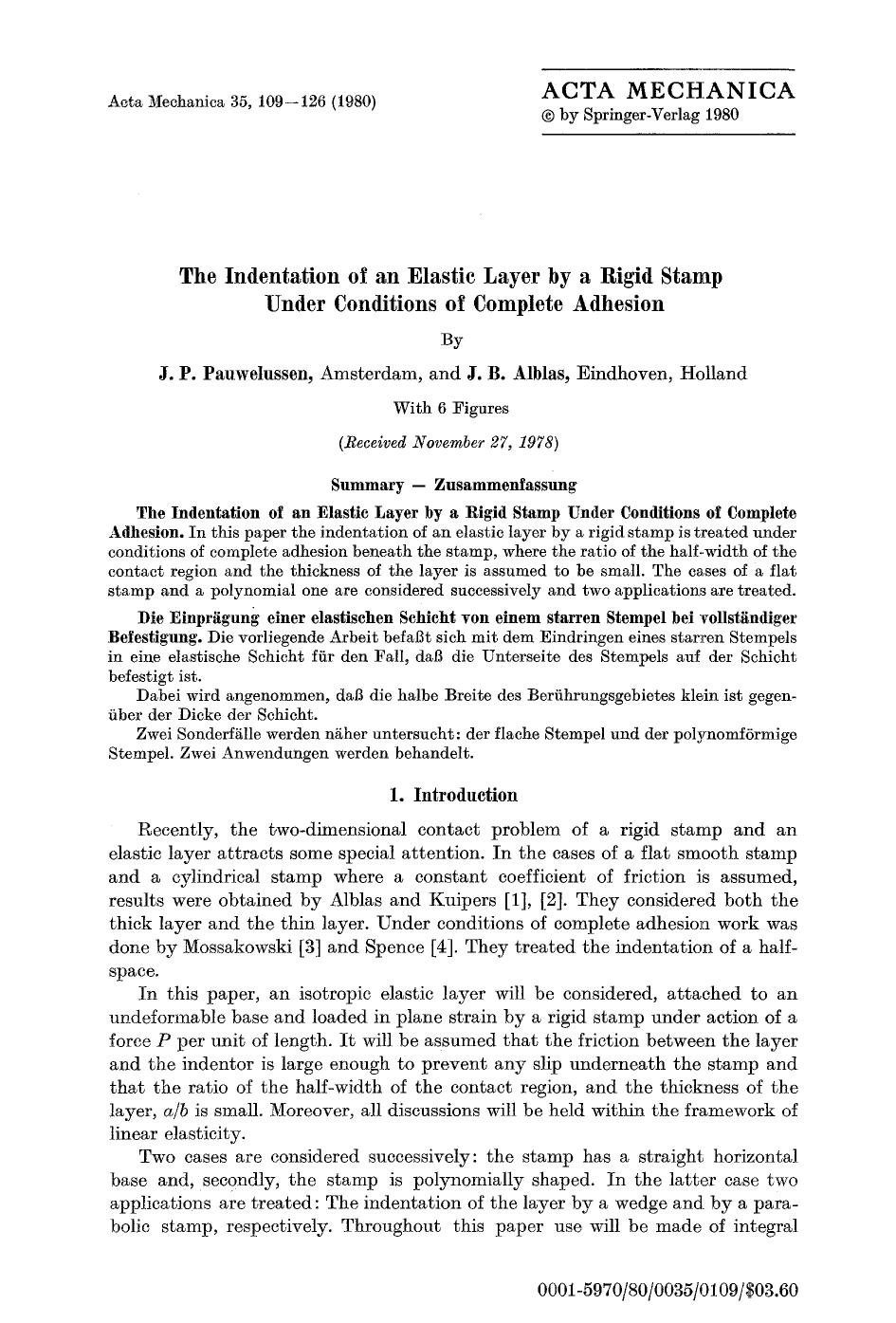 The indentation of an elastic layer by a rigid stamp under conditions of complete adhesion by Unknown