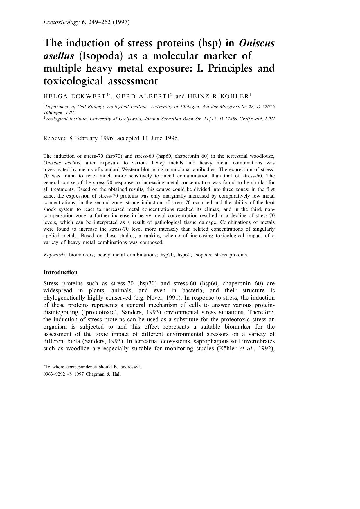 The induction of stress proteins (hsp) in Oniscus asellus (Isopoda) as a molecular marker of multiple heavy metal exposure: I. Principles and toxicological assessment by Unknown