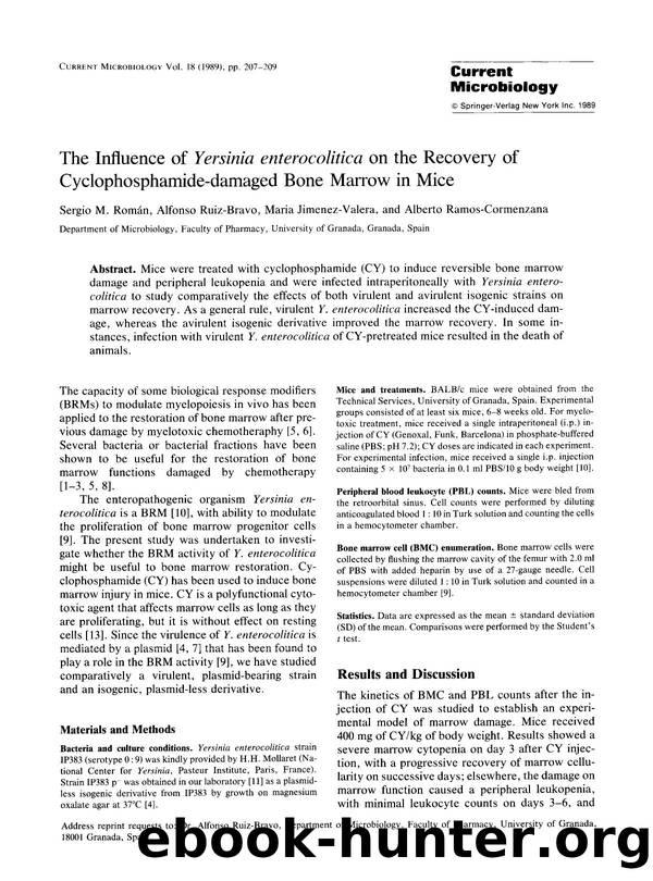 The influence of <Emphasis Type="Italic">Yersinia enterocolitica <Emphasis> on the recovery of cyclophosphamide-damaged bone marrow in mice by Unknown