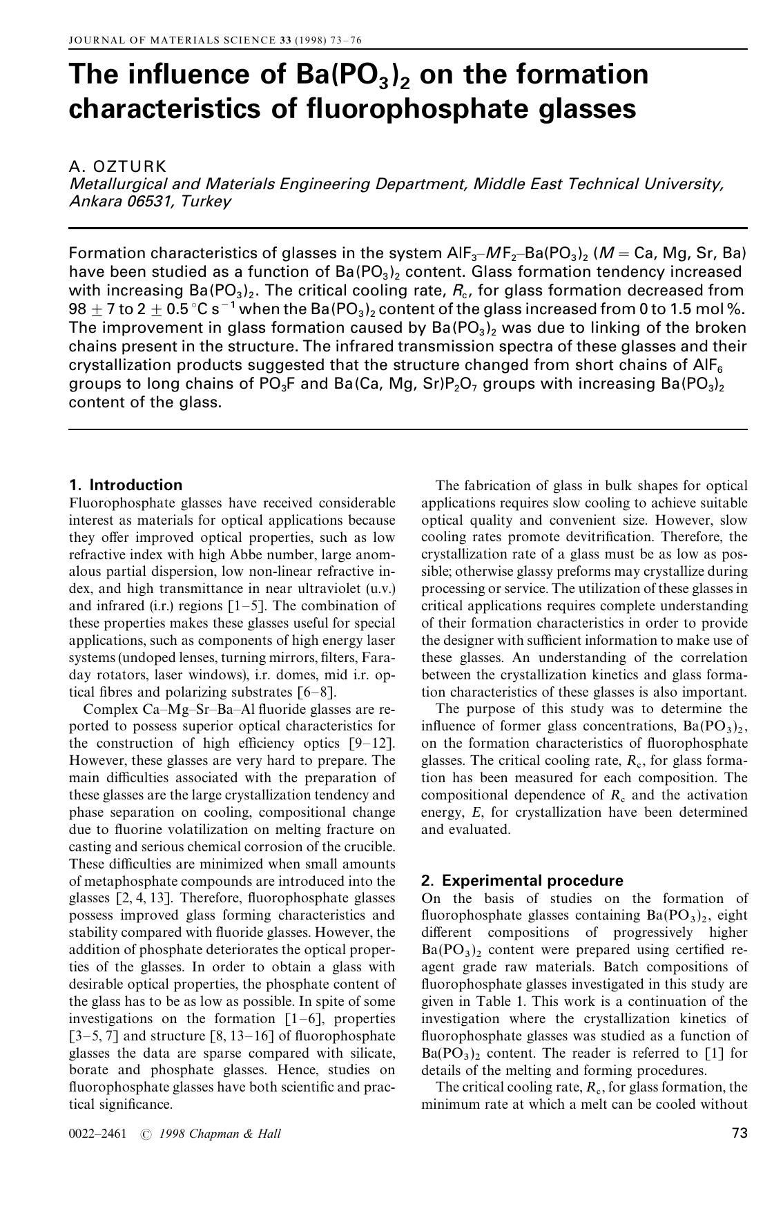 The influence of Ba(PO3)2 on the formation characteristics of fluorophosphate glasses by Unknown