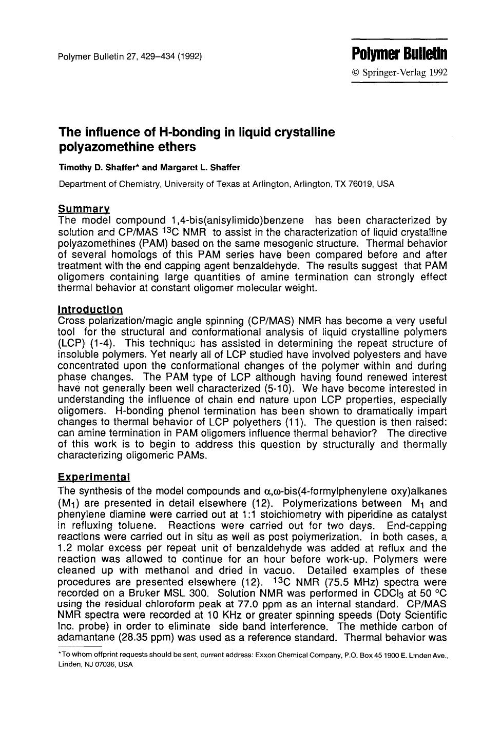 The influence of H-bonding in liquid crystalline polyazomethine ethers by Unknown