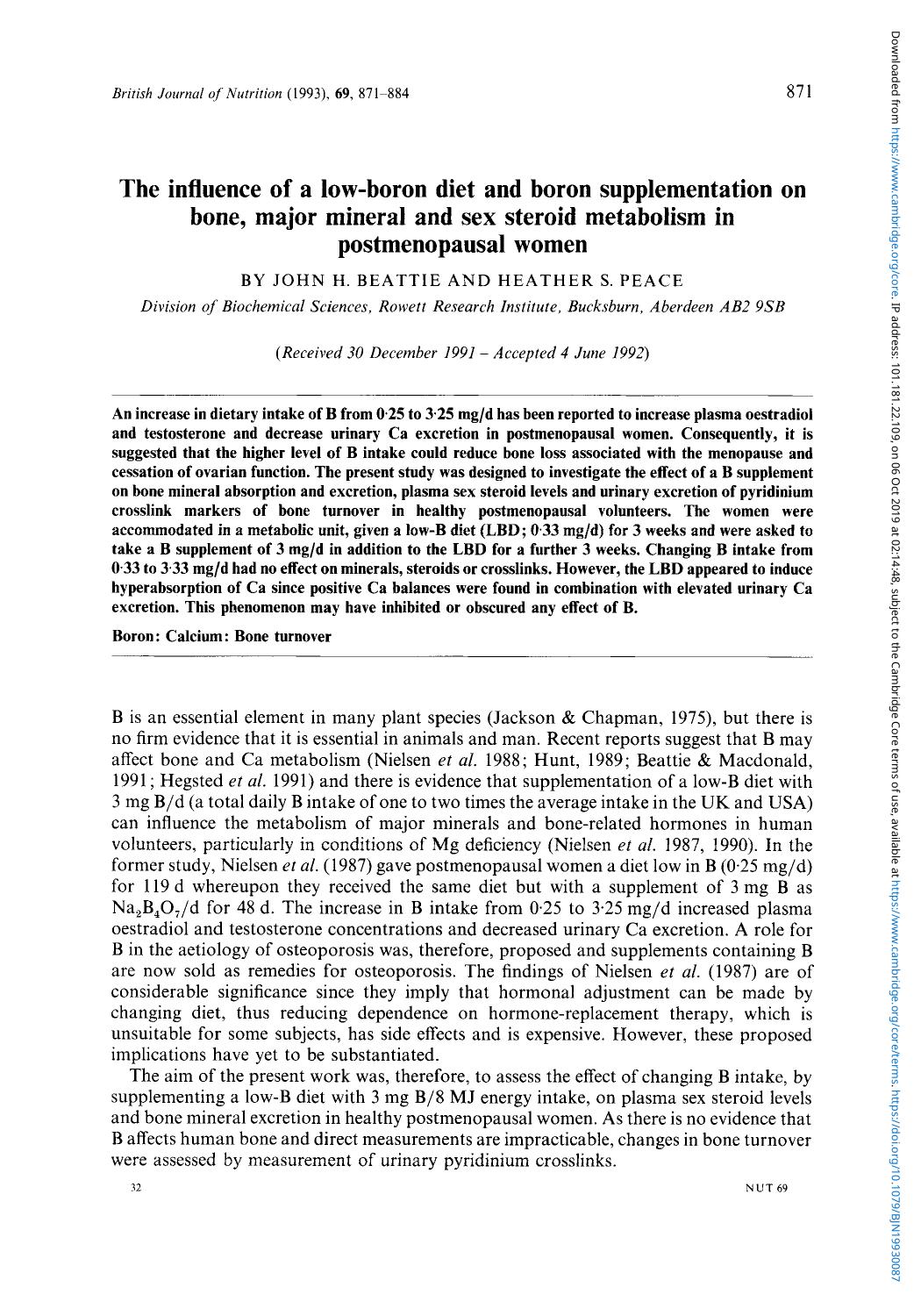 The influence of a low-boron diet and boron supplementation on bone, major mineral and sex steroid metabolism in postmenopausal women by John H. Beattie & Heather S. Peace