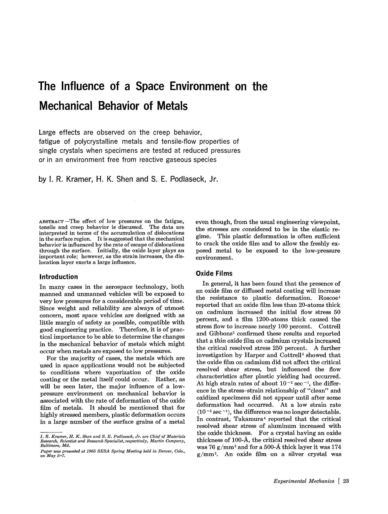 The influence of a space environment on the mechanical behavior of metals by Unknown