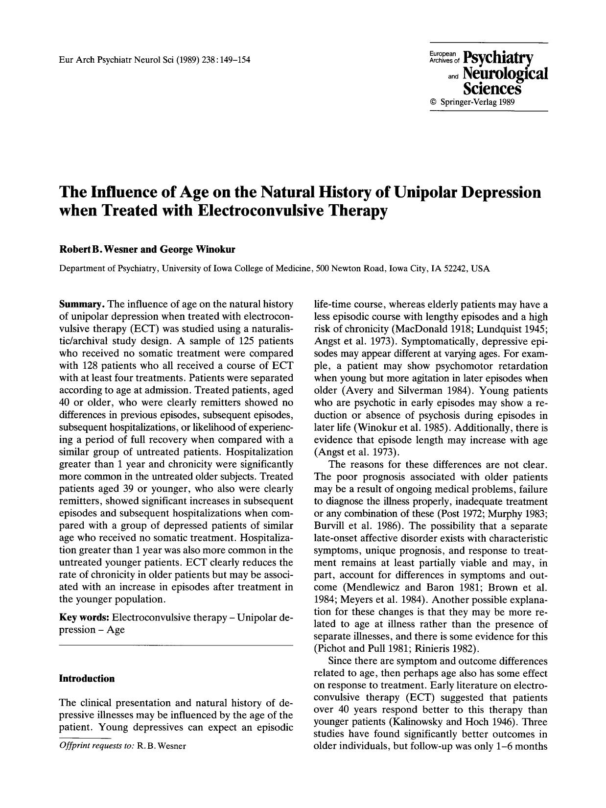 The influence of age on the natural history of unipolar depression when treated with electroconvulsive therapy by Unknown