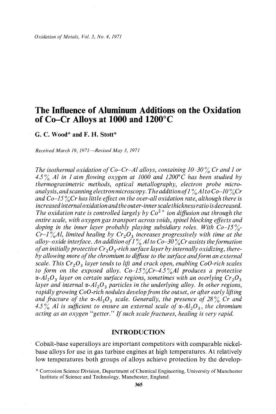 The influence of aluminum additions on the oxidation of Co-Cr alloys at 1000 and 1200°C by Unknown