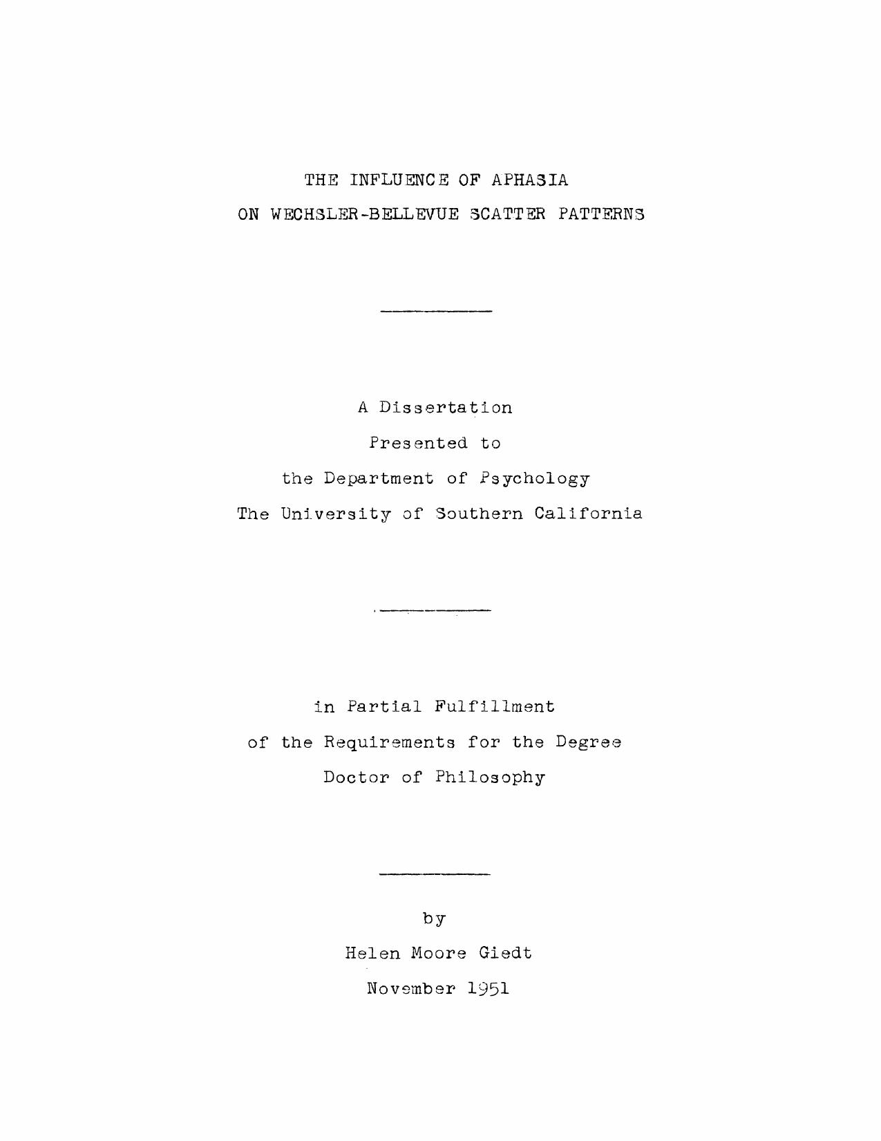 The influence of aphasia on Wechsler-Bellevue scatter patterns by Giedt
