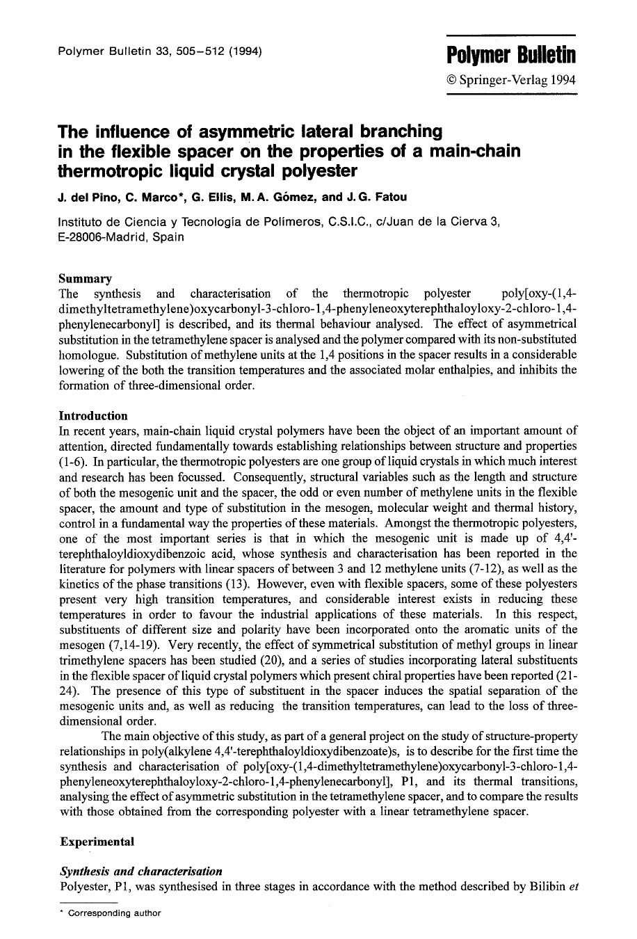 The influence of asymmetric lateral branching in the flexible spacer on the properties of a main-chain thermotropic liquid crystal polyester by Unknown