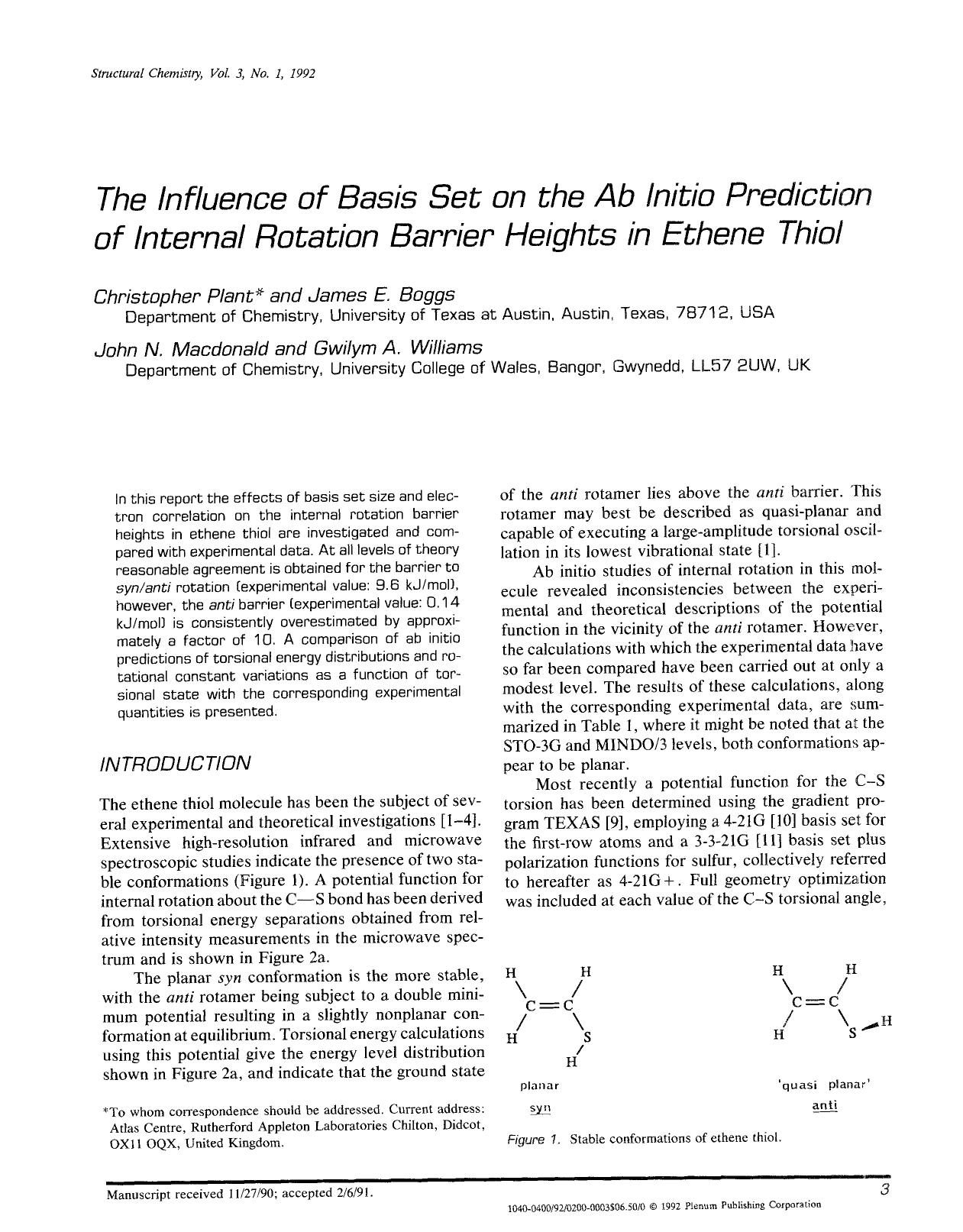 The influence of basis set on the ab initio prediction of internal rotation barrier heights in ethene thiol by Unknown