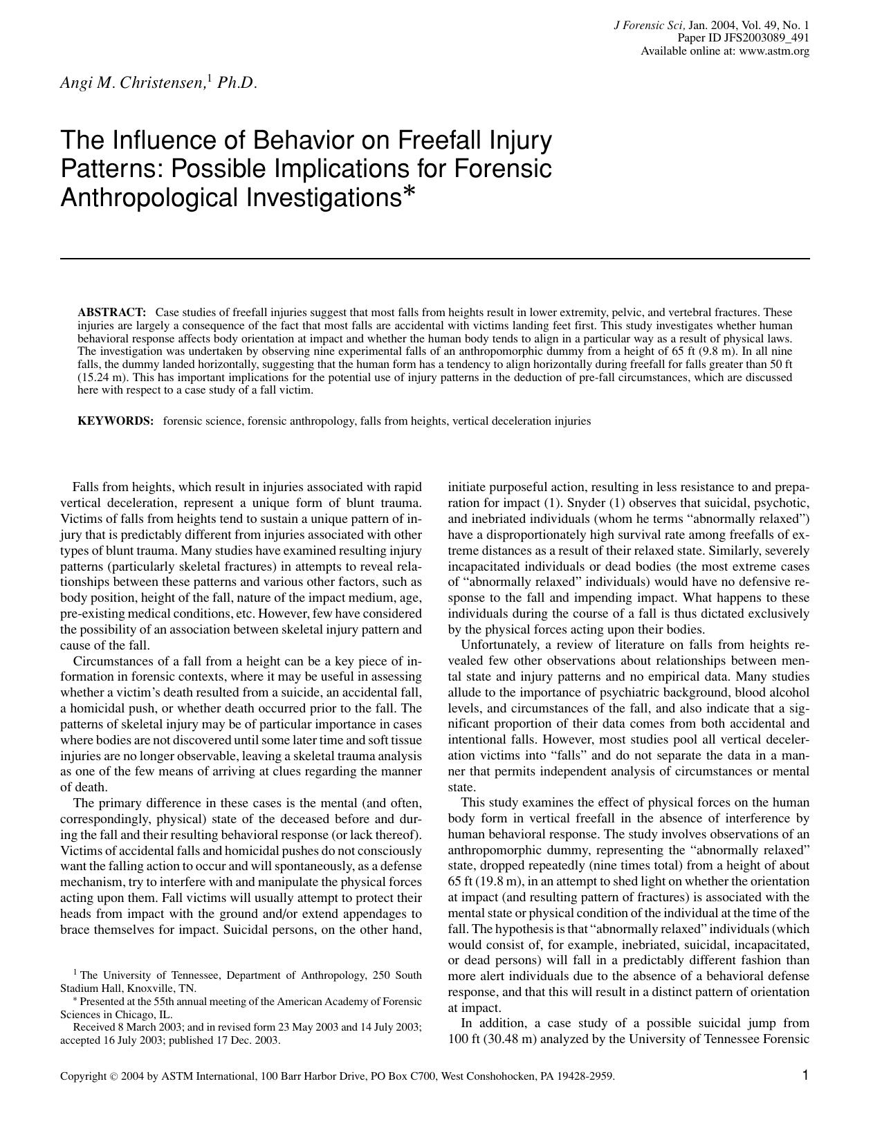 The influence of behavior on freefall injury patterns: possible implications for forensic anthropological investigations by Christensen AM