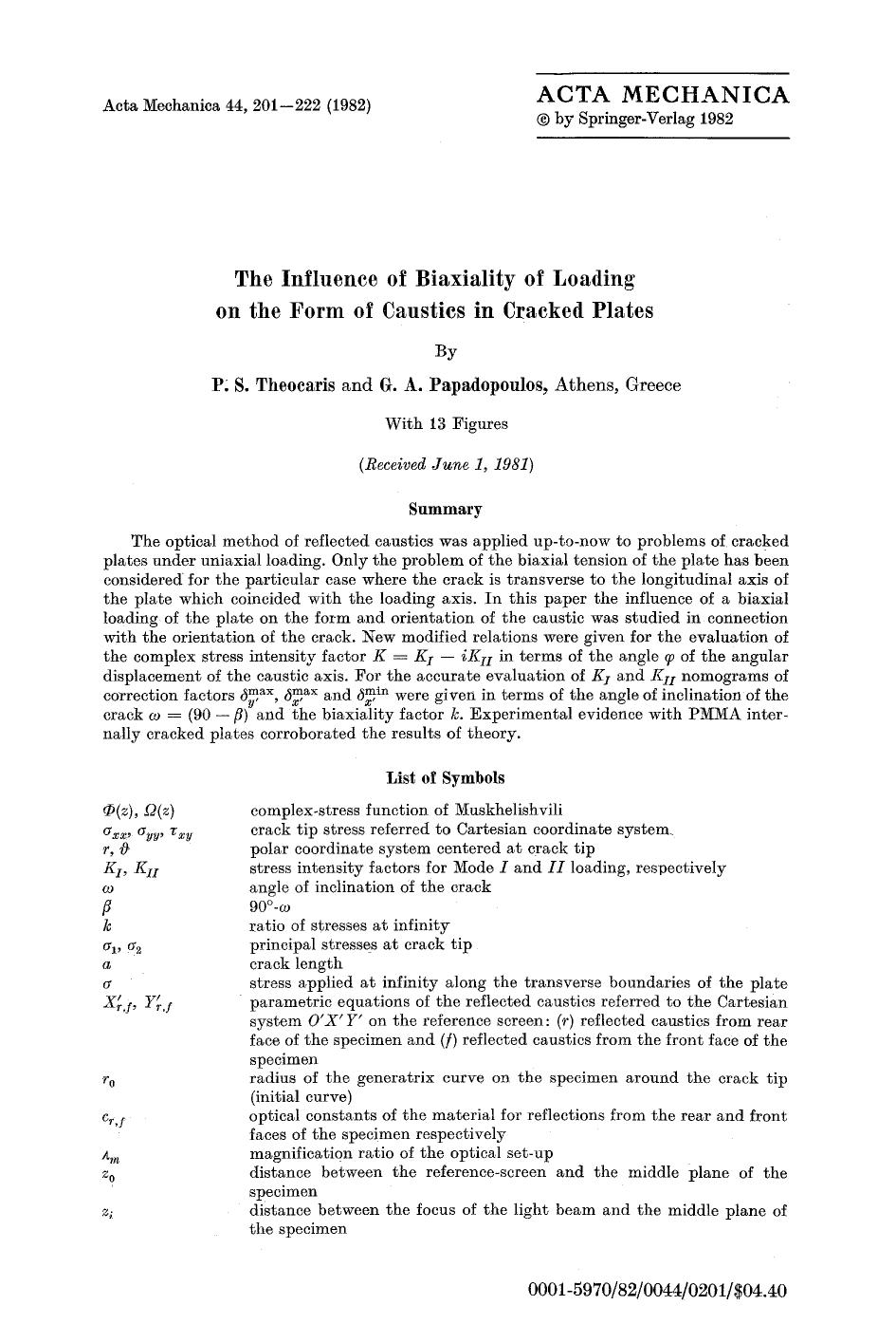 The influence of biaxiality of loading on the form of caustics in cracked plates by Unknown