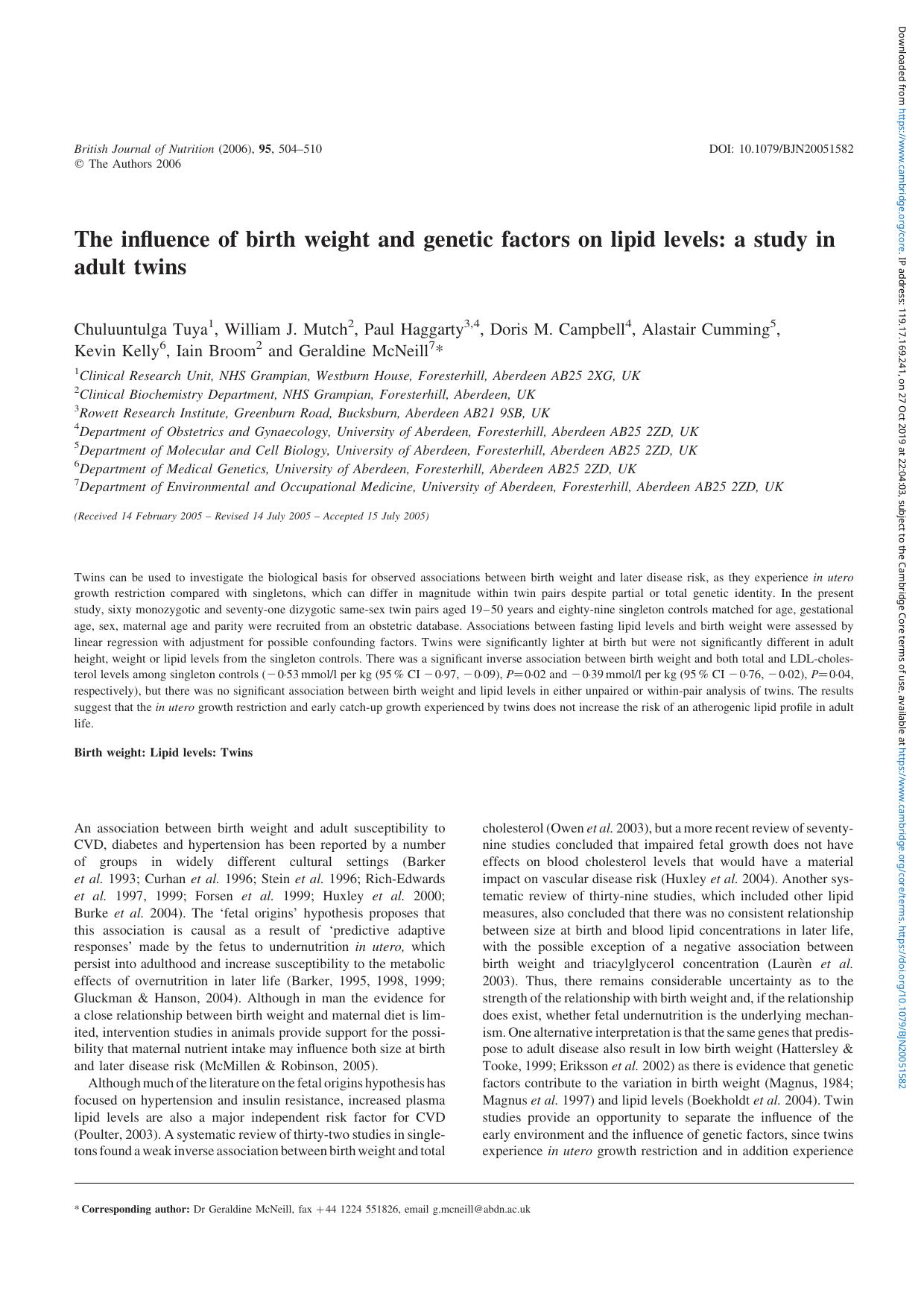 The influence of birth weight and genetic factors on lipid levels: a study in adult twins by unknow