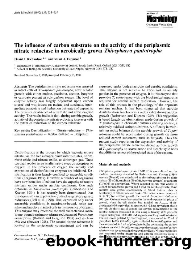 The influence of carbon substrate on the activity of the periplasmic nitrate reductase in aerobically grown <Emphasis Type="Italic">Thiosphaera pantotropha<Emphasis> by Unknown