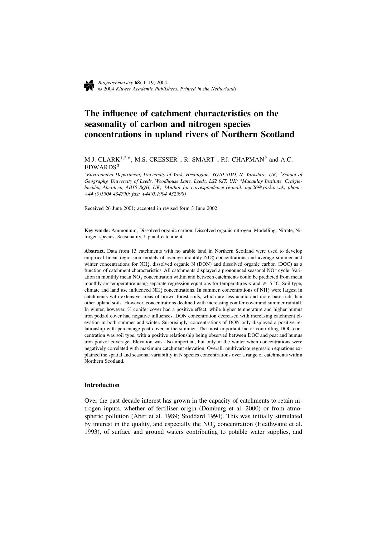 The influence of catchment characteristics on the seasonality of carbon and nitrogen species concentrations in upland rivers of Northern Scotland by Unknown
