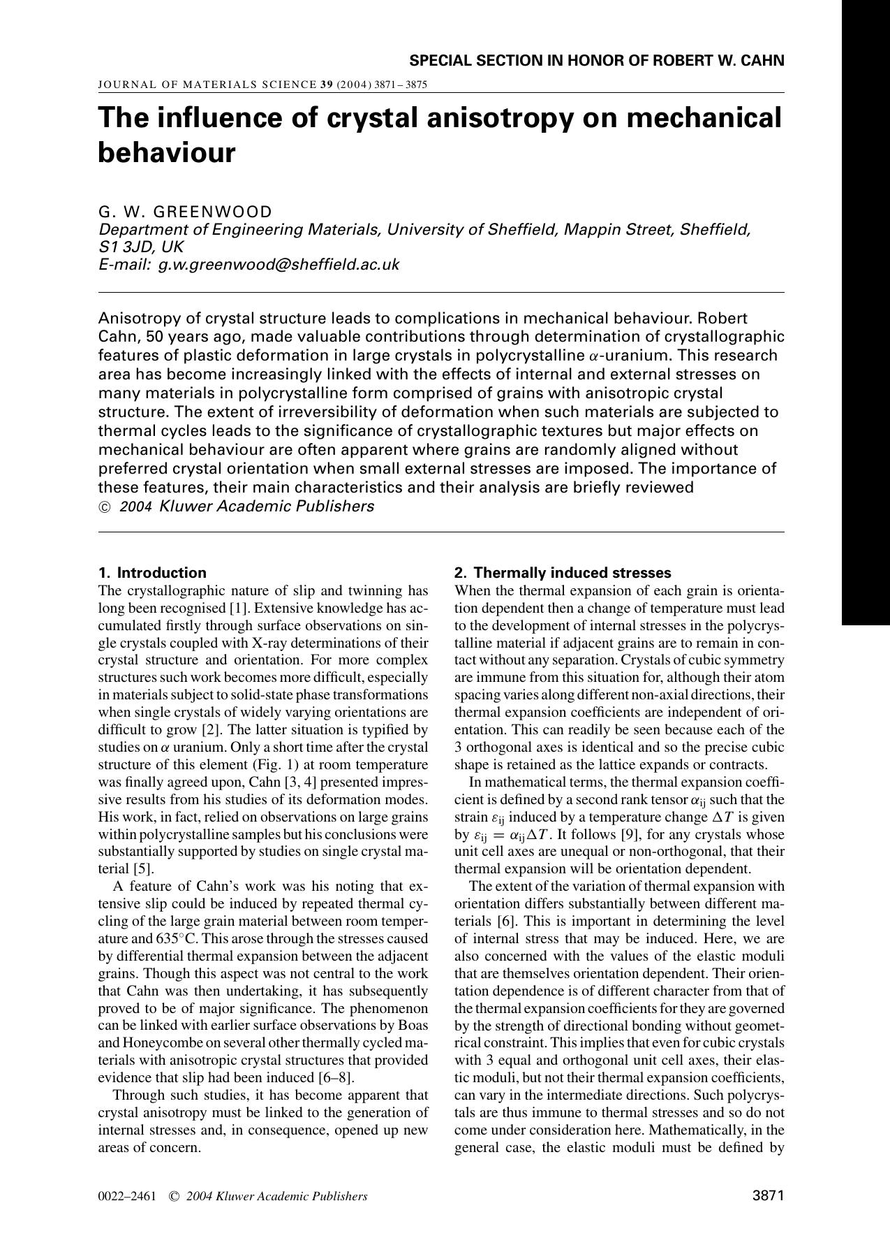 The influence of crystal anisotropy on mechanical behaviour by Unknown