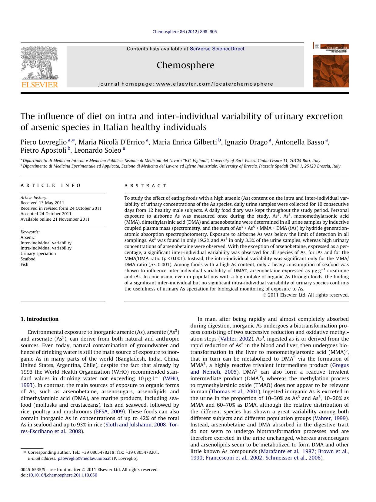 The influence of diet on intra and inter-individual variability of urinary excretion of arsenic species in Italian healthy individuals by unknow