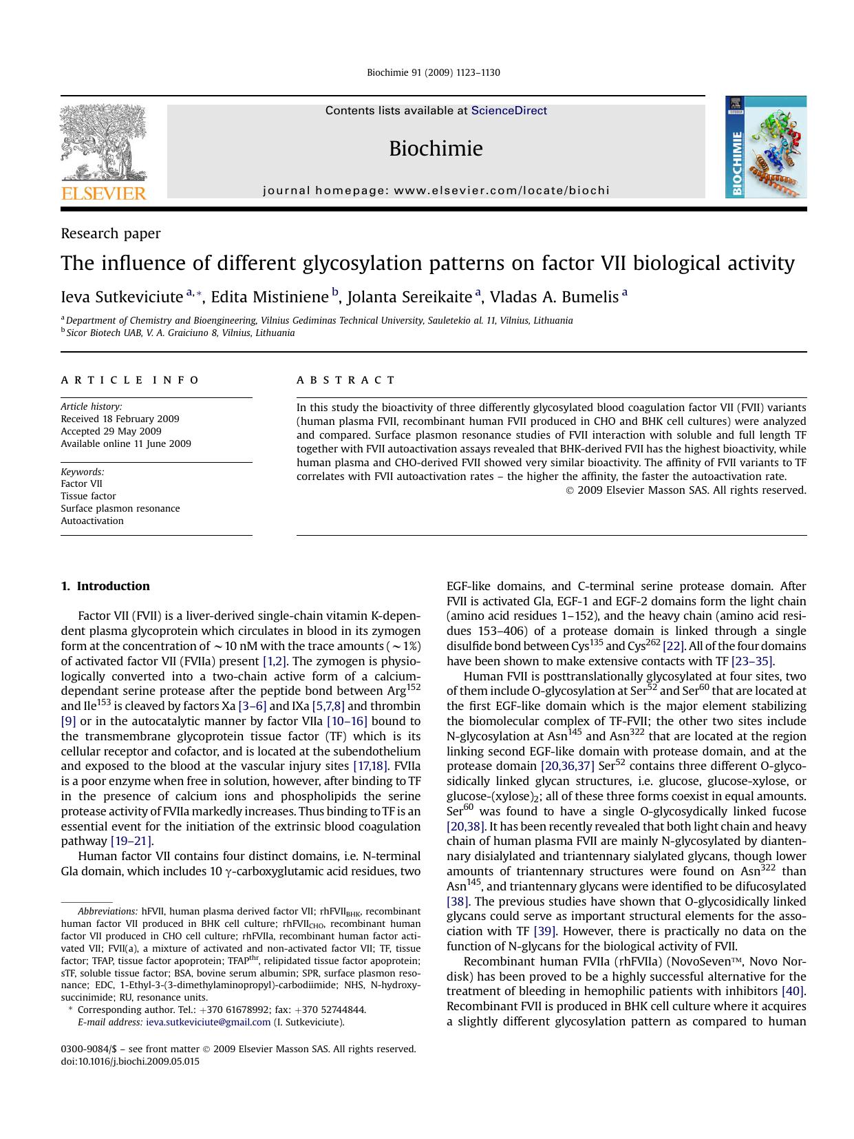 The influence of different glycosylation patterns on factor VII biological activity by Ieva Sutkeviciute; Edita Mistiniene; Jolanta Sereikaite; Vladas A. Bumelis