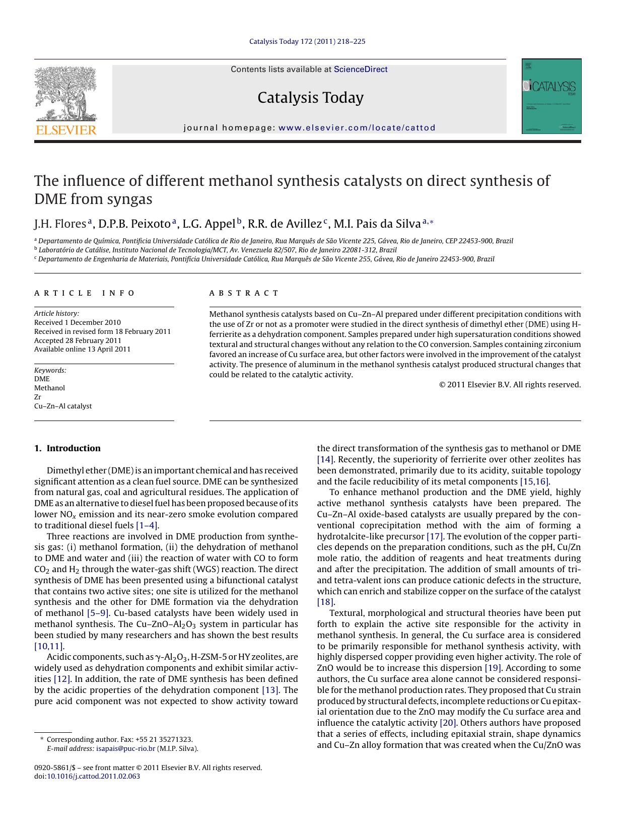 The influence of different methanol synthesis catalysts on direct synthesis of DME from syngas by J.H. Flores