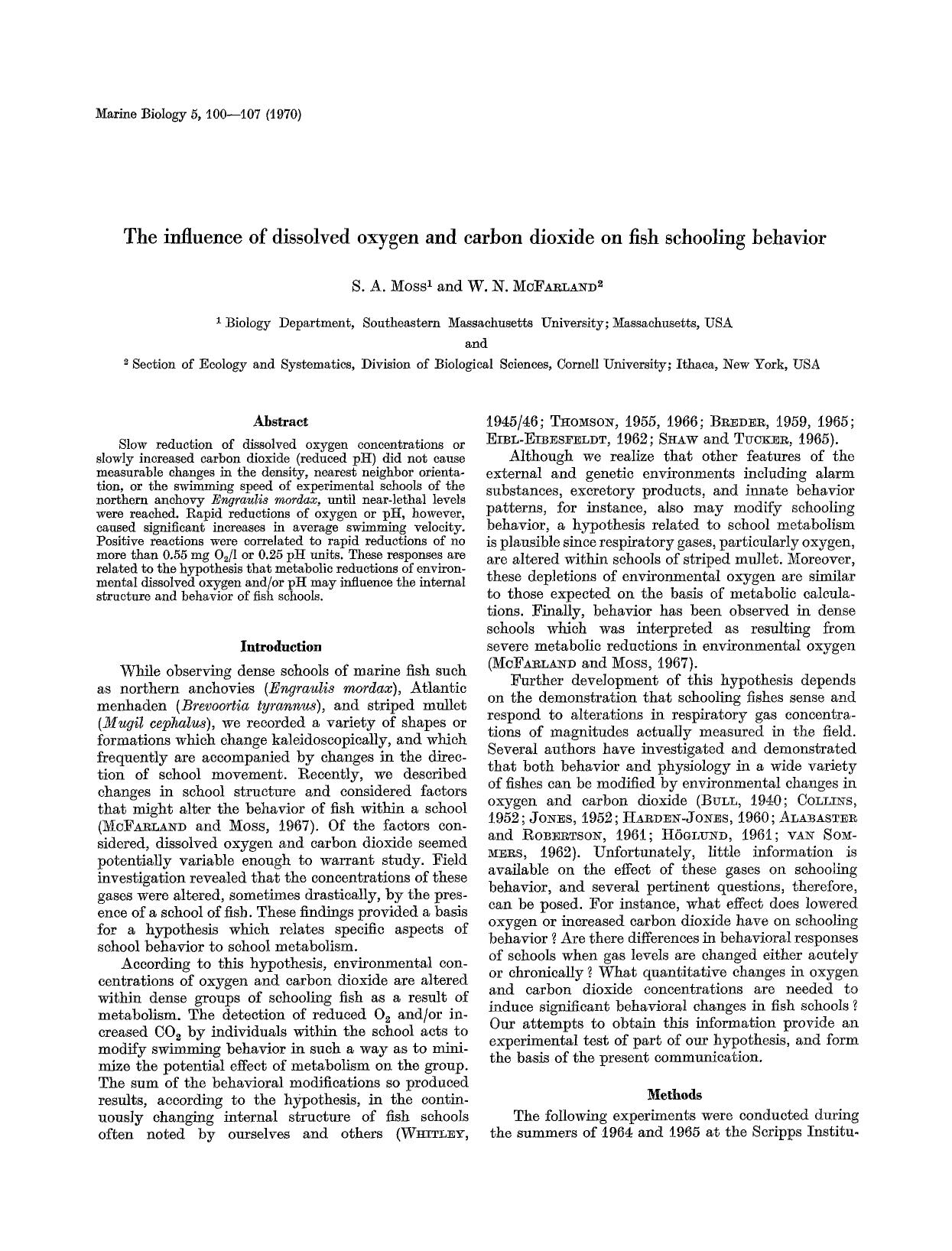 The influence of dissolved oxygen and carbon dioxide on fish schooling behavior by Unknown