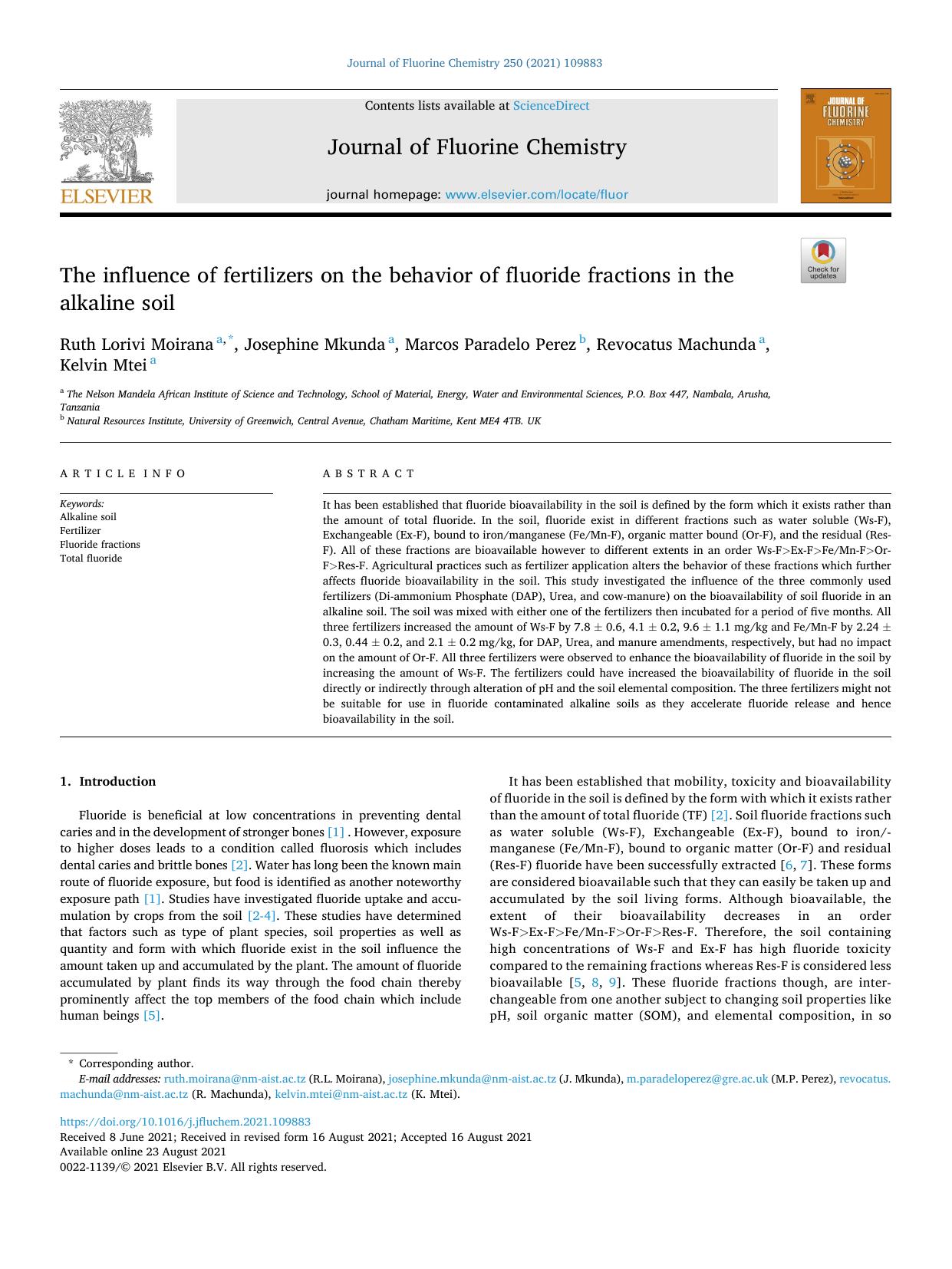 The influence of fertilizers on the behavior of fluoride fractions in the alkaline soil by Ruth Lorivi Moirana & Josephine Mkunda & Marcos Paradelo Perez & Revocatus Machunda & Kelvin Mtei